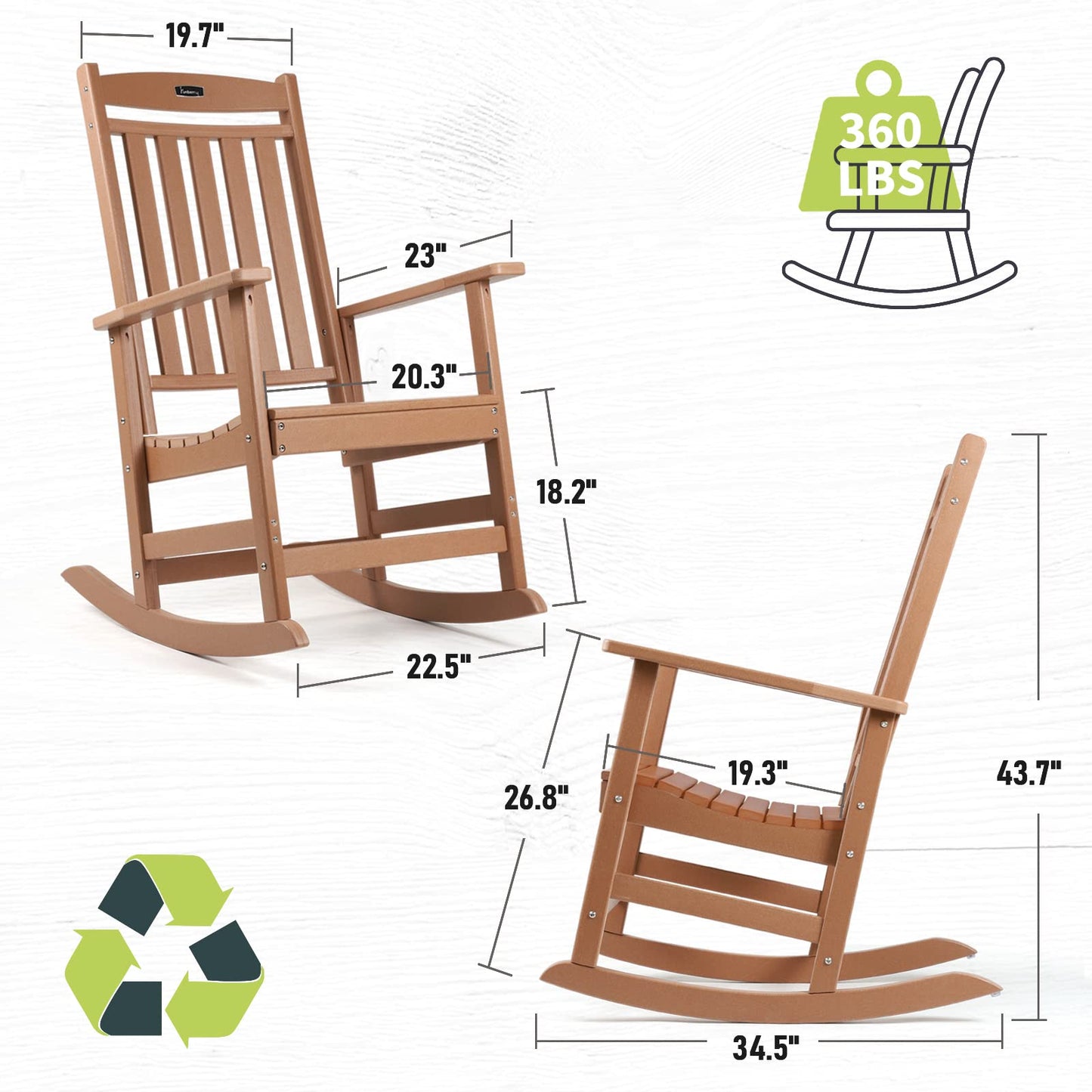 FUNBERRY Outdoor Rocking Chairs, HDPE All Weather Poly Lumber Rocker, High Back Patio Rockers Easy Assembly