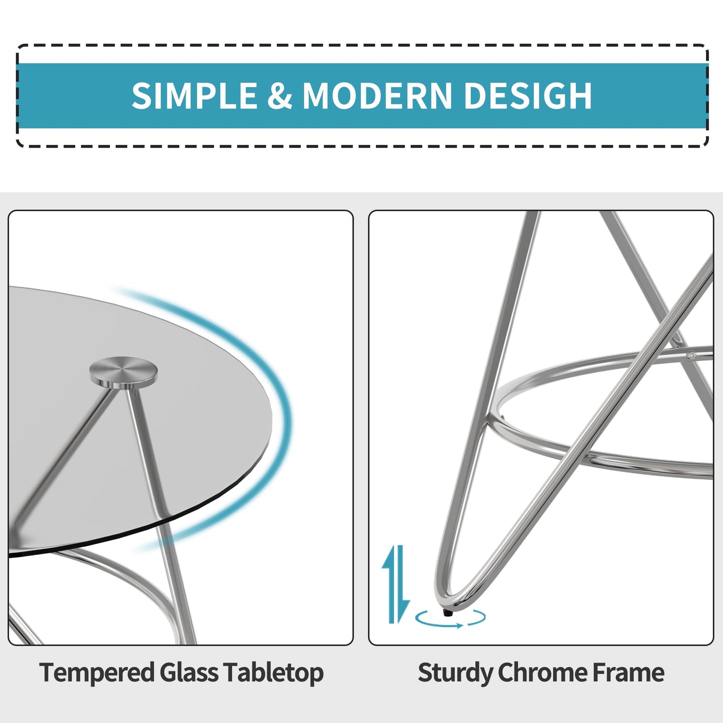 OIOG Glass Coffee Table, Round Coffee Table Living Room, Modern Coffee Table with Tempered Glass Tabletop and Chrome Frame, Silver