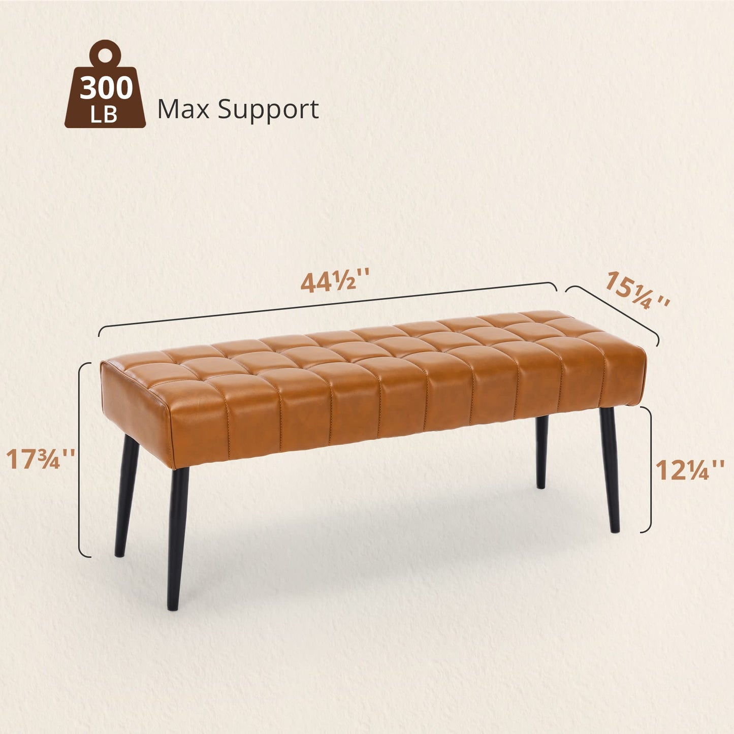 LUE BONA Entryway Bench, 44.5'' Leather Upholstered Bedroom Benches, End of Bed Bench with Metal Legs, for Decorative, Living Room, Dining Room, Whiskey Brown
