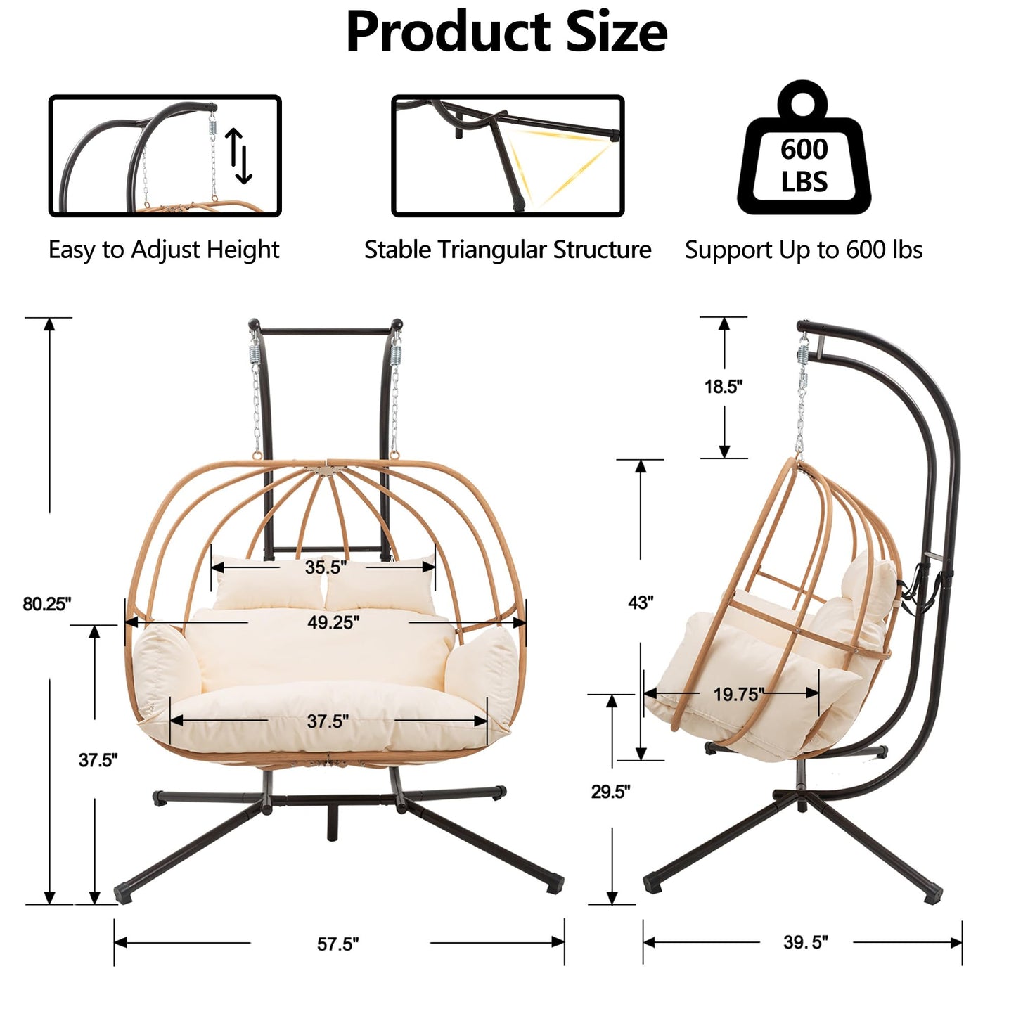 DAYARUS Hanging Chairs with Stand, All Weather Egg Chair Outdoor, Double Outdoor Egg Swing Chairs, 2 Person Patio Swing Chairs, Modern Egg Swing with Cushions, Metal Balcony Basket Loveseat, Beige