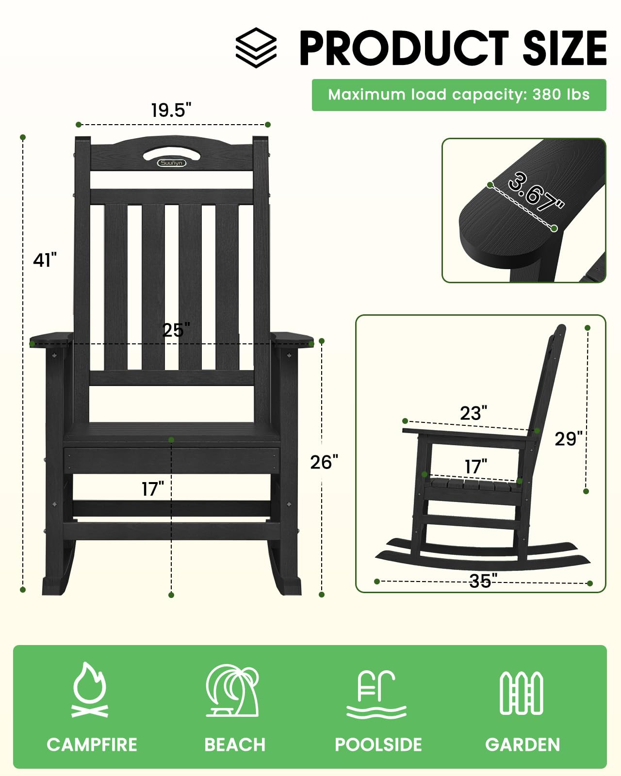 SUUNYN Oversized Outdoor Rocking Chair, High Back Porch Rocker Chair, HDPE All Weather Resistant Rocking Chairs for Patio, 380lbs Weight Capacity, Black