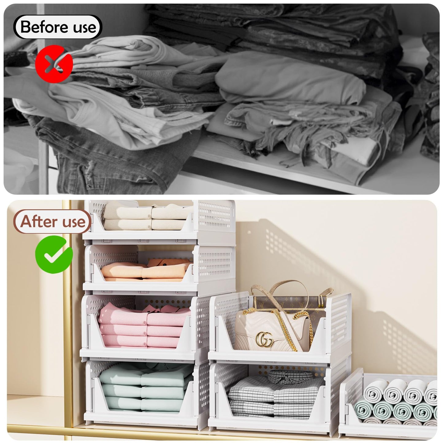 CTSNSLH 5 Pack Folding Closet Organizers Storage Box, Stackable Storage Bins, Plastic Drawer Basket Closet Storage for Wardrobe Cupboard Kitchen Bathroom Office White-5L