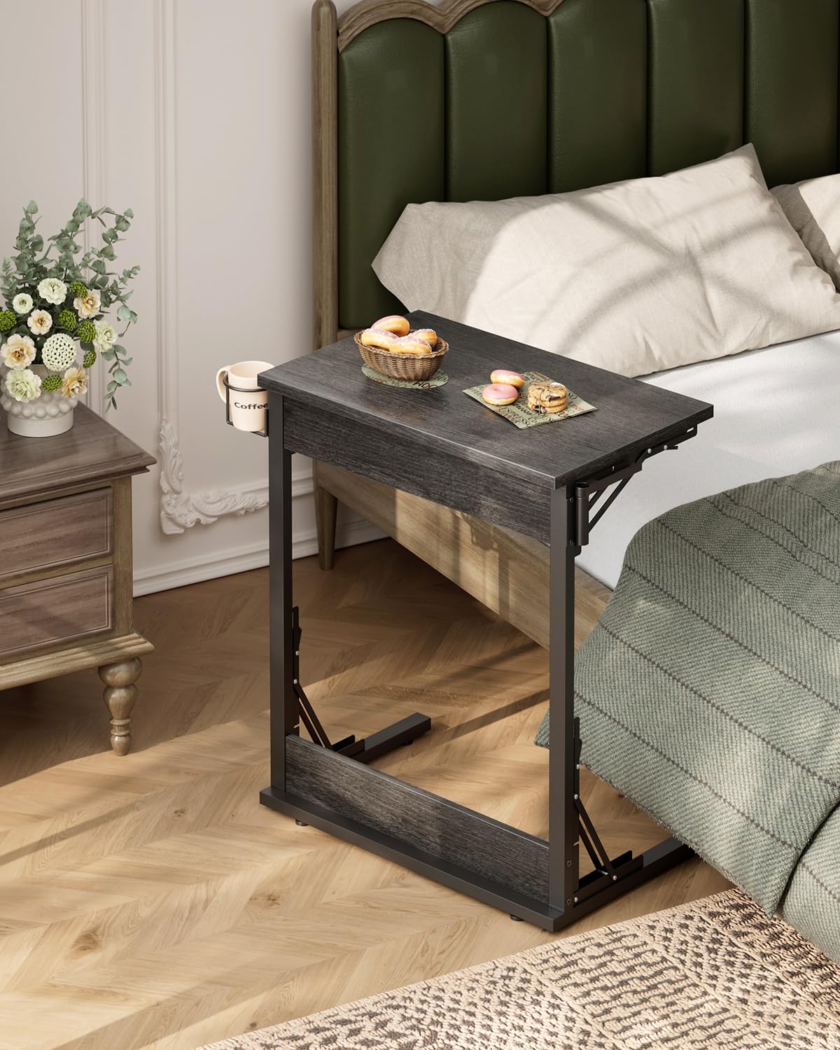 Tatub 24" Folding TV Tray Table, Foldable C Shaped End Table for Couch, TV Dinner Tray with Cup Holder, Small Sofa-Side Laptop Desk for Living Room Bedroom, Dark Gray