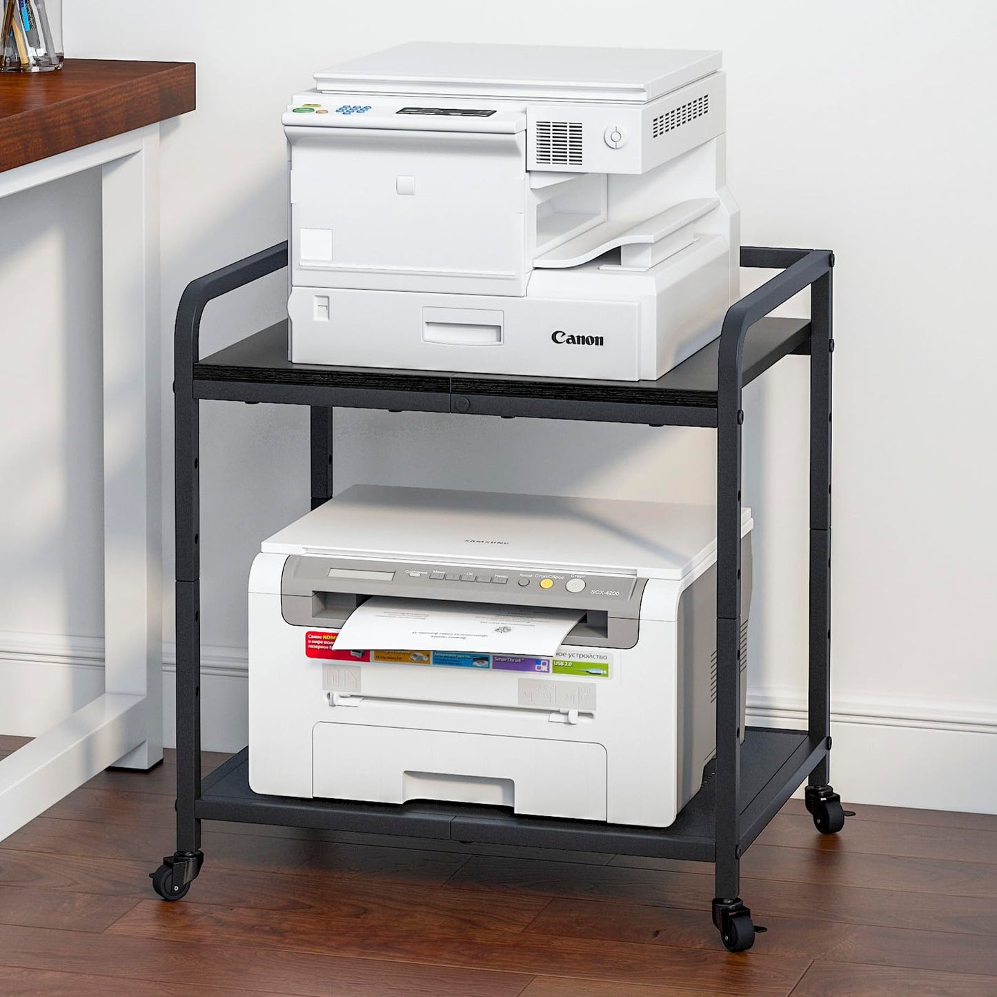 Heakrit 21"x15.8" Large Printer Stand with Storage, 2-Tier Under Desk Printer Table, Rolling Printer Cart with Lockable Wheels for Home, Office (Black)
