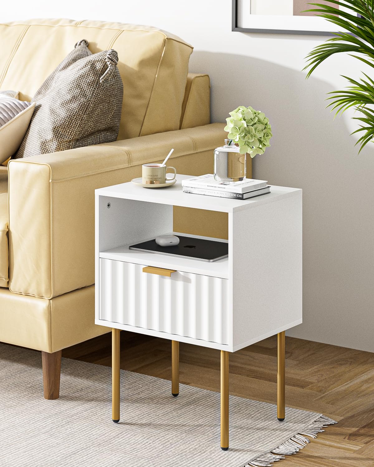 Aienvey Nightstand,Modern Bedside Table with Gold Frame,White Night Stand,Bedside Furniture, Modern Side Table with Drawer and Shelf for Bedroom,Living Room (White)