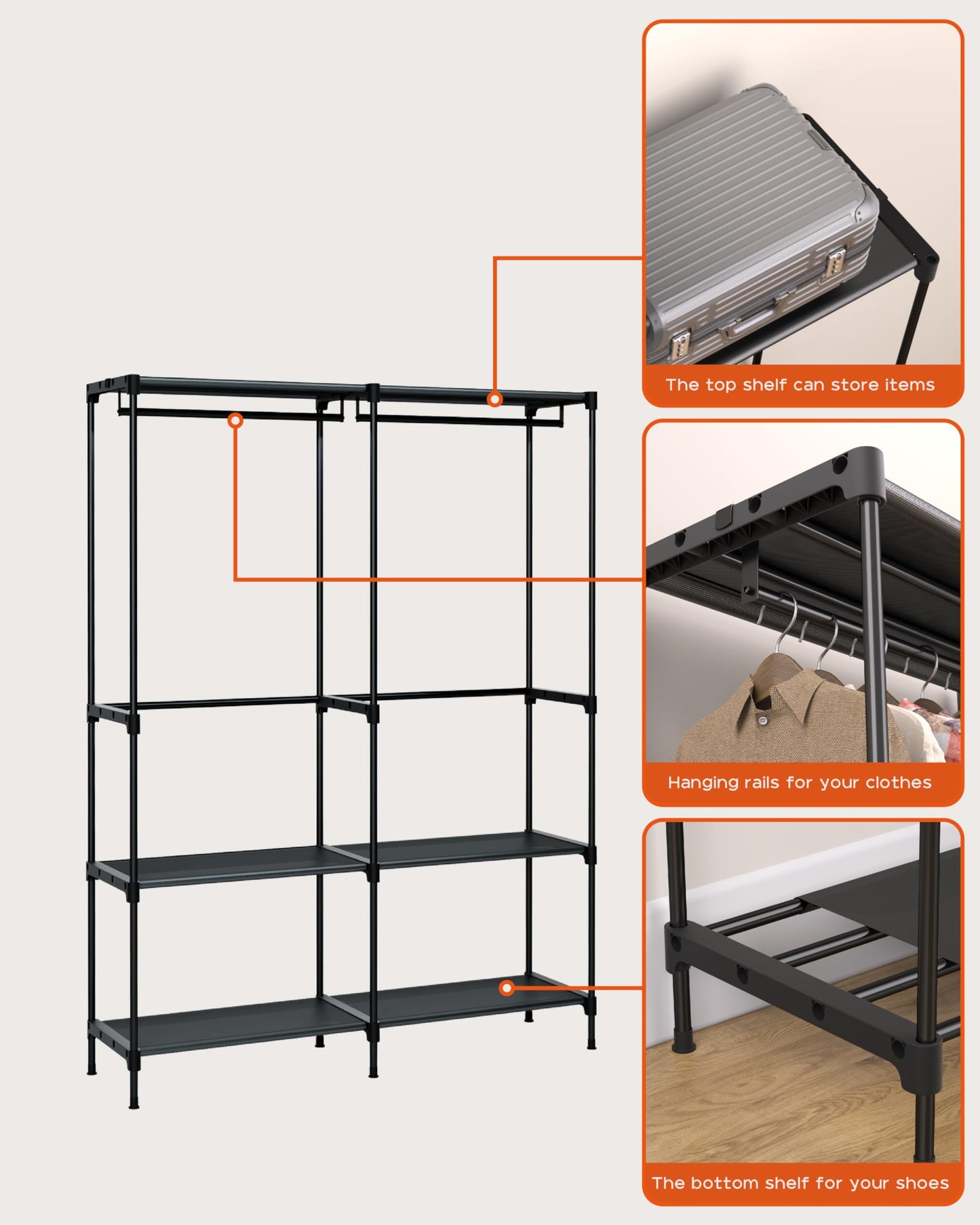 CASAMAYA Clothes Rack, Portable Closet, 54.3 Inch Large Capacity Wardrobe Closet, Clothes Storage Organizer with Shelves and 2 Hanging Rods, Easy to Assembly, Black PCT002B01