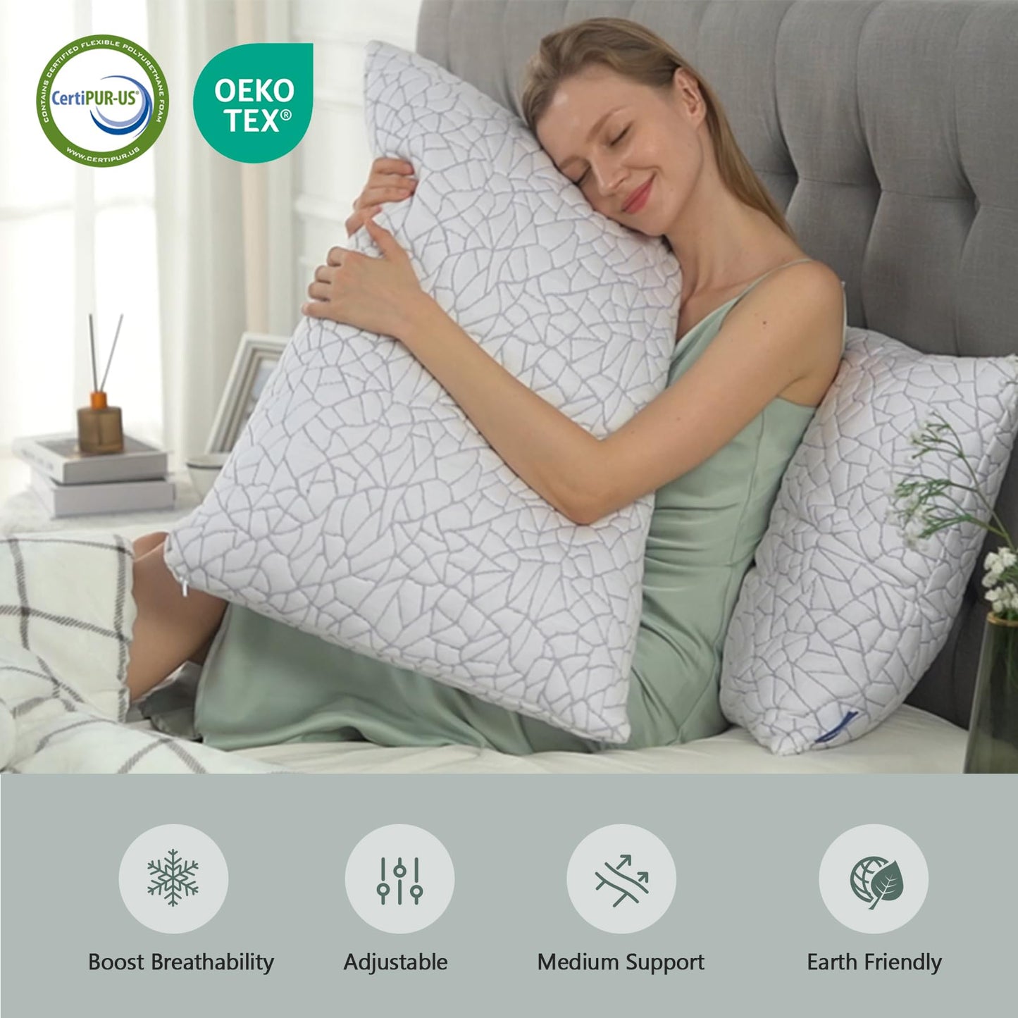 BPC Premium Rayon Derived from Bamboo Pillows Queen Size Set of 2 - Adjustable Shredded Memory Foam Pillow with Removable Cover Firm Pillow for Side Stomach and Back Sleepers, CertiPUR-US