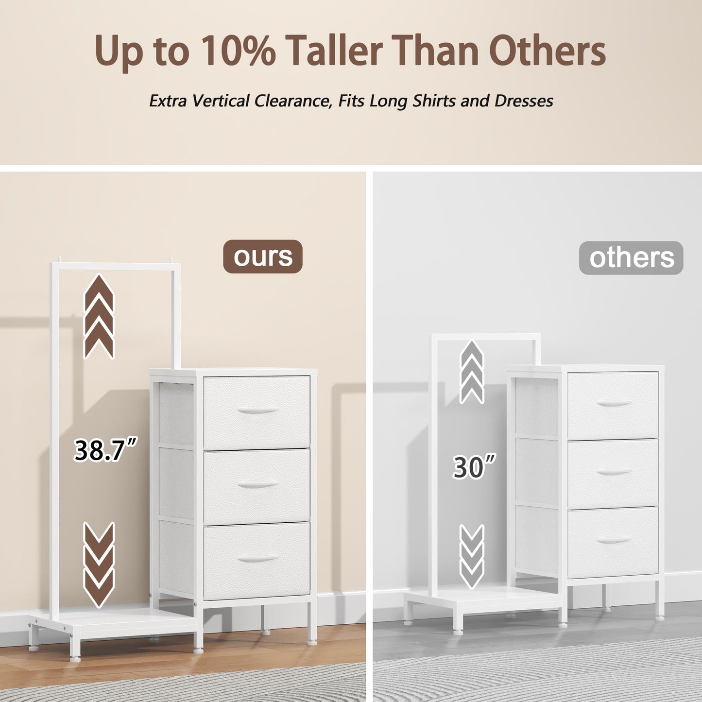 AFLUI Dresser for Bedroom with Hanging Rack, 3 Drawers Dresser for Bedroom - White