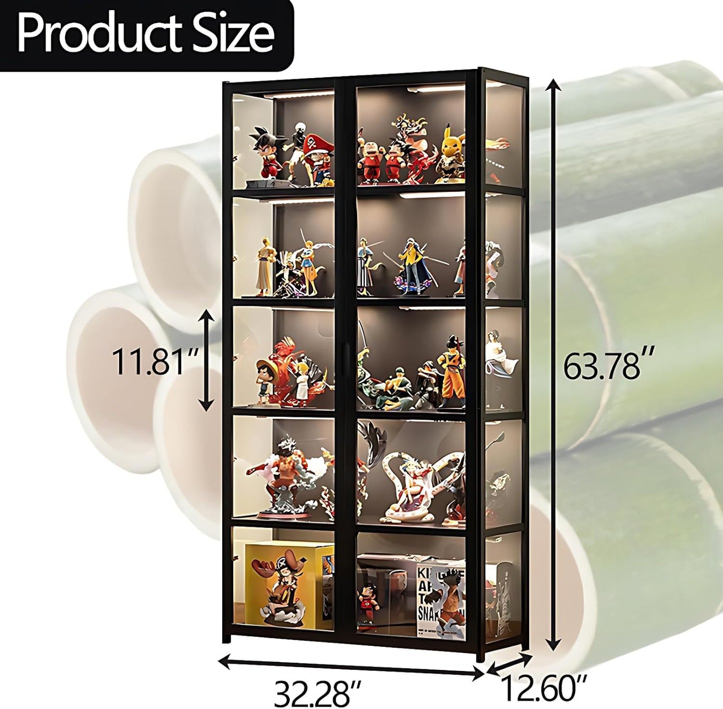 QOEUDD Display Cabinet with Acrylic Glass Door, 5 Tier Curio Display Case, Collectibles Toy Organizers Rack & Display Shelf, Kids Bookcase for Bedroom, Reading Nook, Toddler's Room, Bamboo