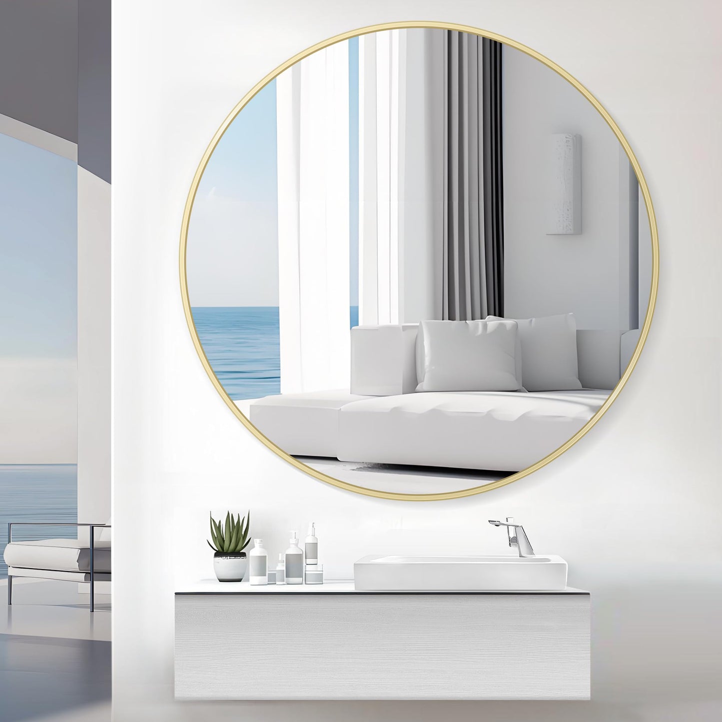 Koonmi 42" Gold Circle Mirror Wall Mounted Round Mirror with Metal Frame for Bathroom/Living Room/Vanity/Bedroom