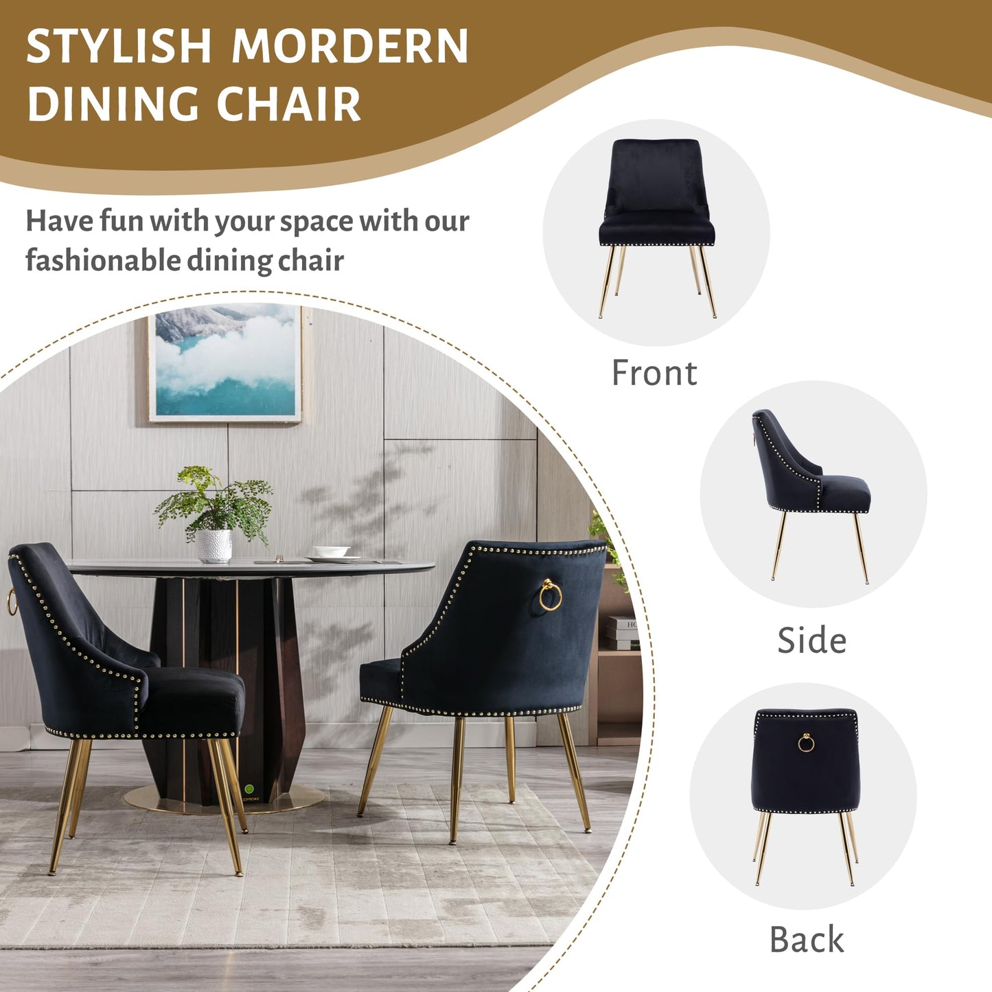 KCC Velvet Dining Room Chairs Set of 2 Nailhead Back Ring Pull Trim with Gold Legs for Kitchen Living Room(Black)