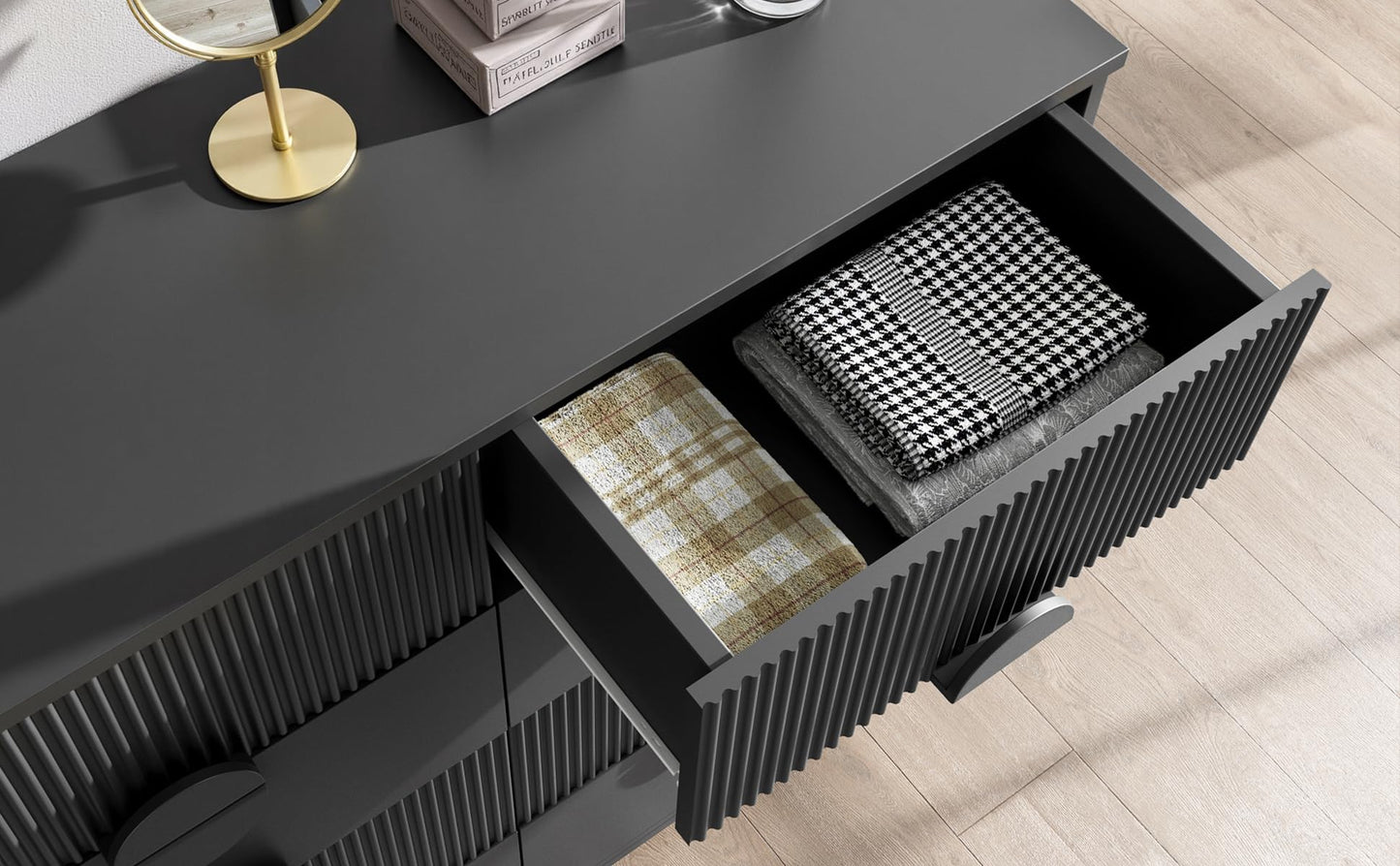 LGHM Fluted Black Dresser for Bedroom, Modern 50" Wide Chest of Drawers, 8 Deep Drawers 42.8" Tall Dresser with Raised H Legs -Curved Profile Design, Easy Round Handles for Bedroom,Livingroom, Black