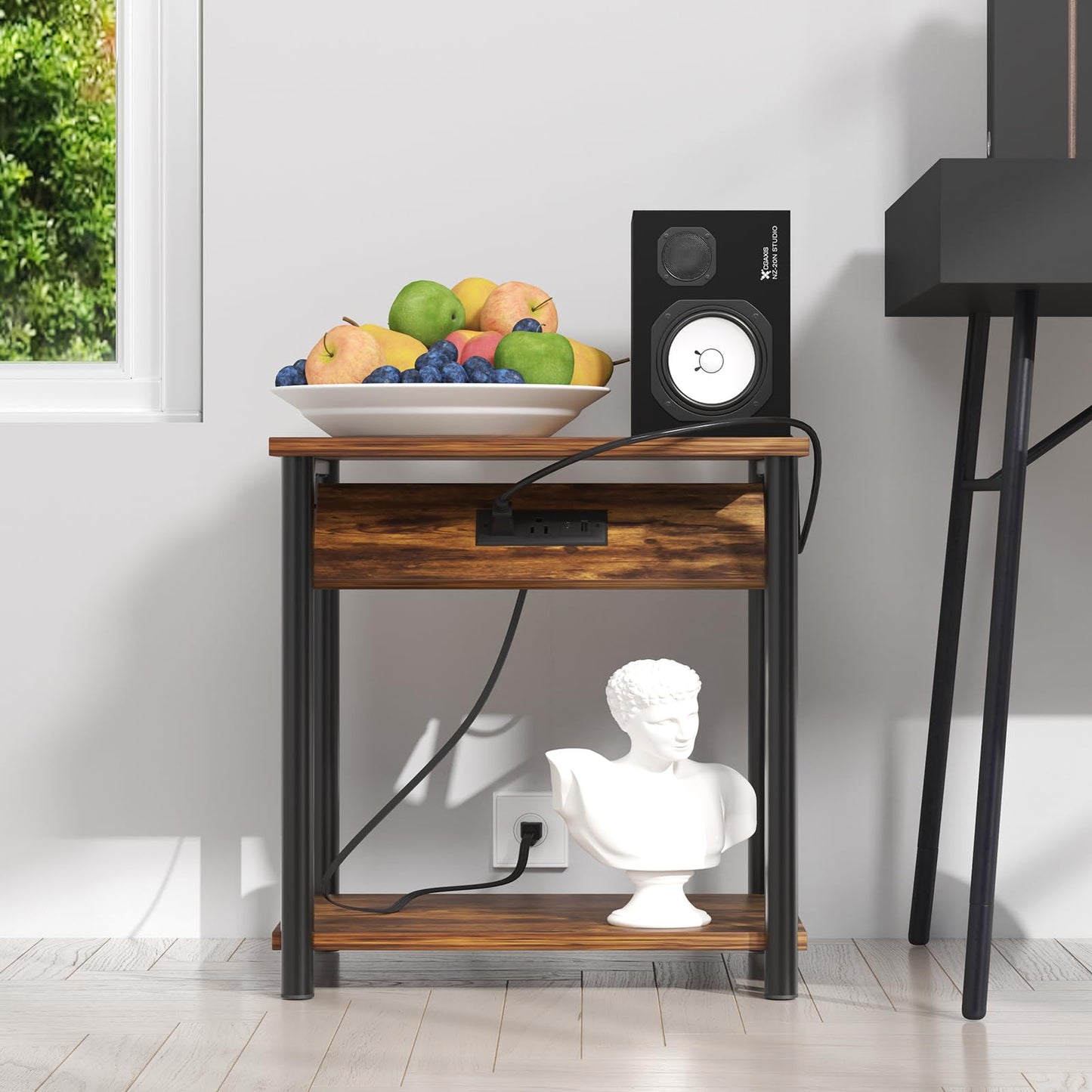 Nightstands Set of 2, Small End Tables with Charging Station, Modern Night Stands, Narrow Side Tables for Small Space, Bedside Tables with 2-Tier Storage Shelf for Living Room, Bedroom, Rustic Brown