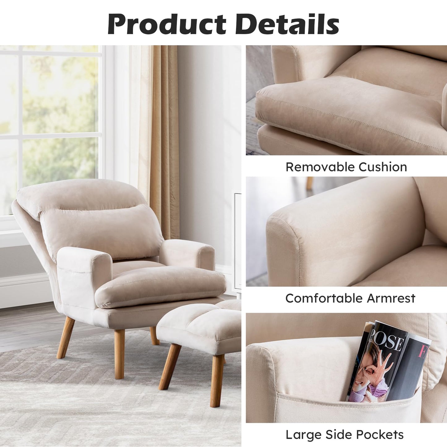 IOMOR Accent Chair with Ottoman Comfy Reading Chair Armchair with Adjustable Backrest and Side Pockets Soft Fabric Leisure Sofa for Bedroom, Living Room, Dorm Rooms, Garden, Beige