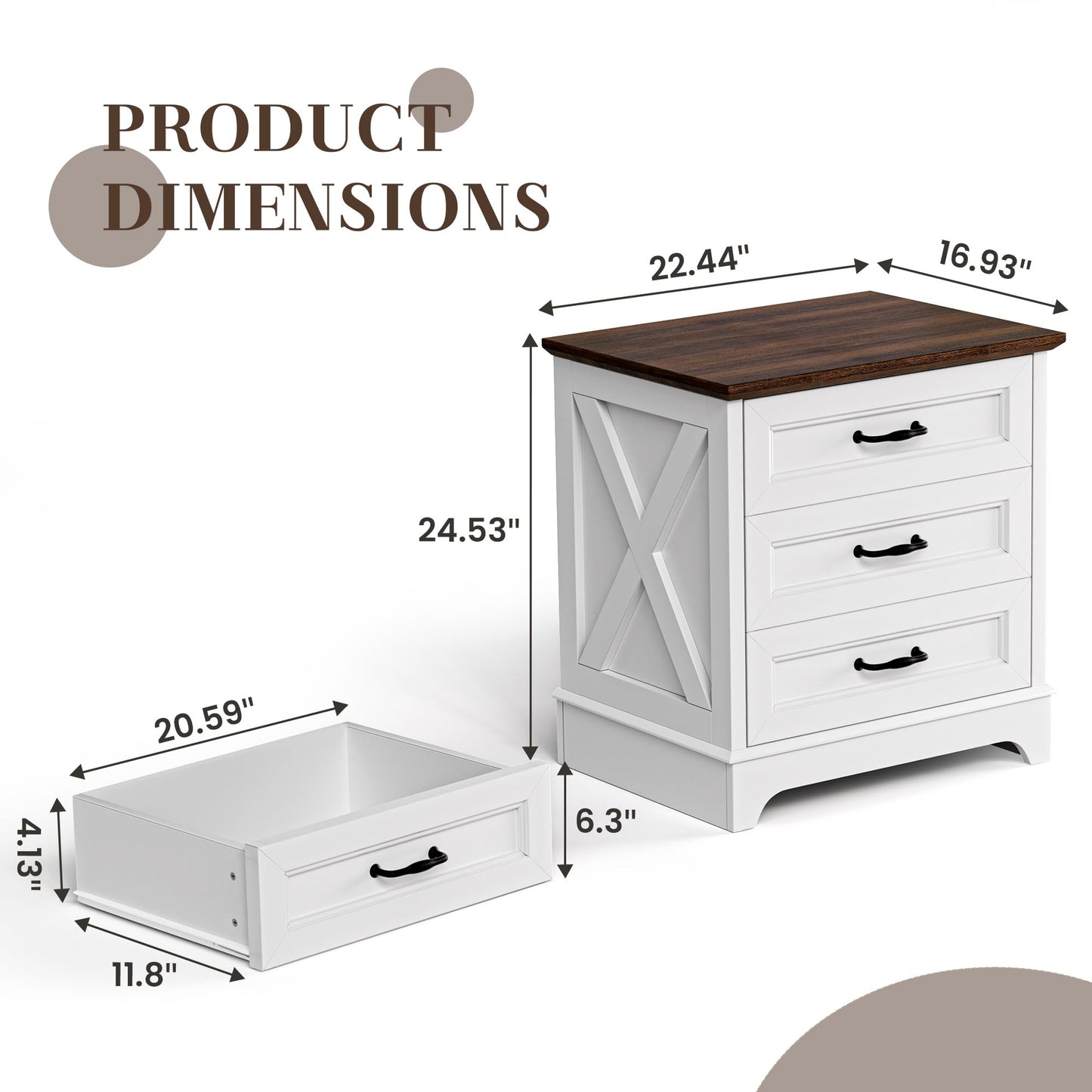 GRUSIGN Nightstand with Drawers - 22.44" Wide End Table with 3 Large Drawers & Bar Handles, Small Rustic Wood Chest of Drawers for Bedroom, Living Room, Closet