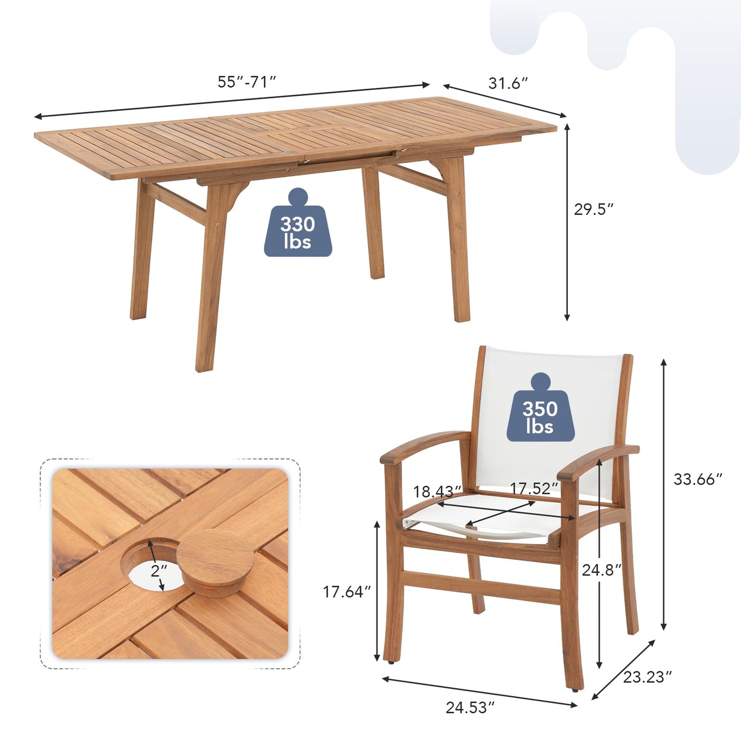 OC Orange-Casual Patio Furniture Set, Acacia Wood Patio Dining Set for 6-8, Outdoor Expandable Table and Chairs Set with Umbrella Hole and Breathable Textilene Fabric for Garden (White, 5 Pieces)