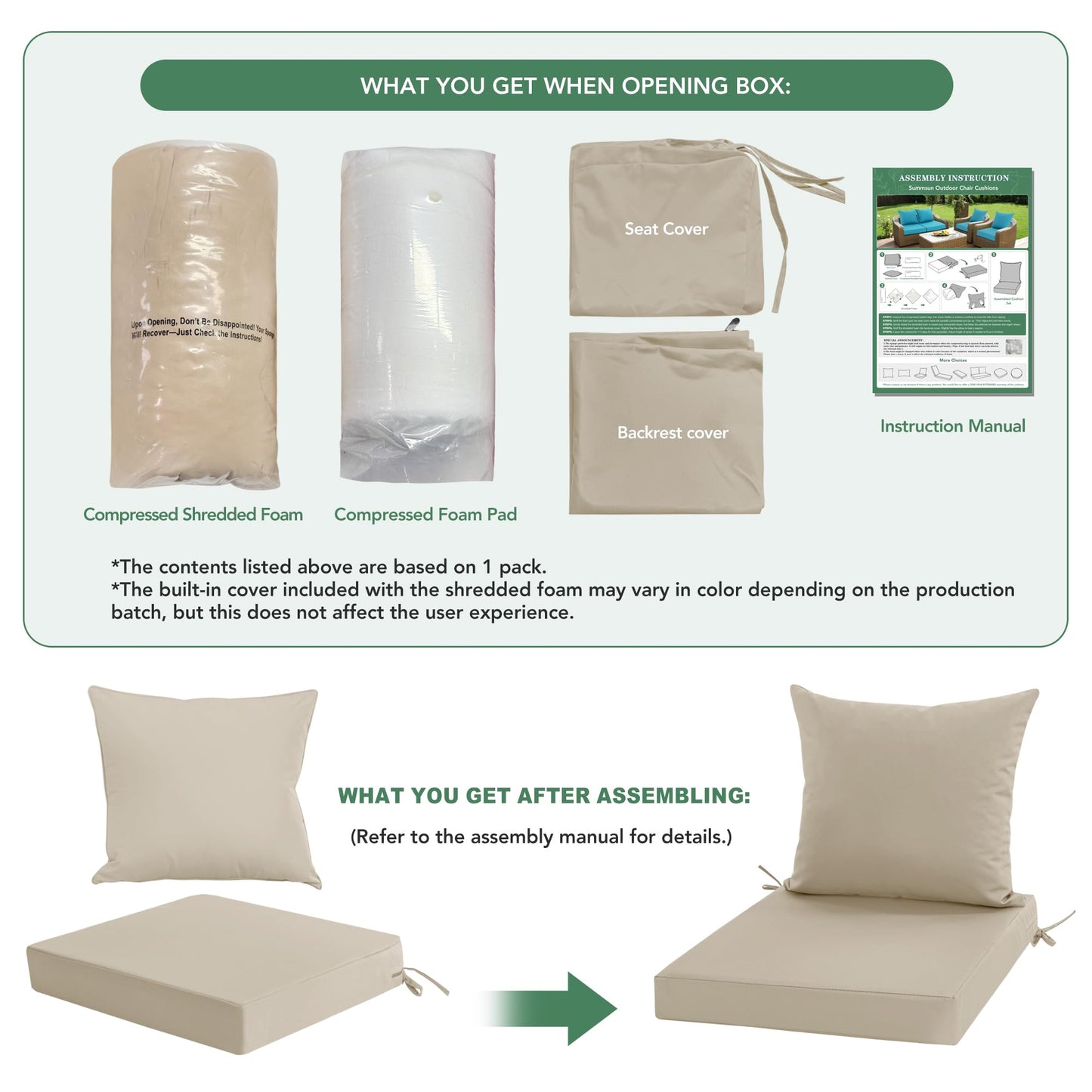 Summsun Patio Chair Cushions 22 x 22 Inch, Water Resistant Backrest Pillow and Seat Cushion Set for Outdoor Furniture, Sectional Sofa Cushion Replacments, Cream, Set of 4