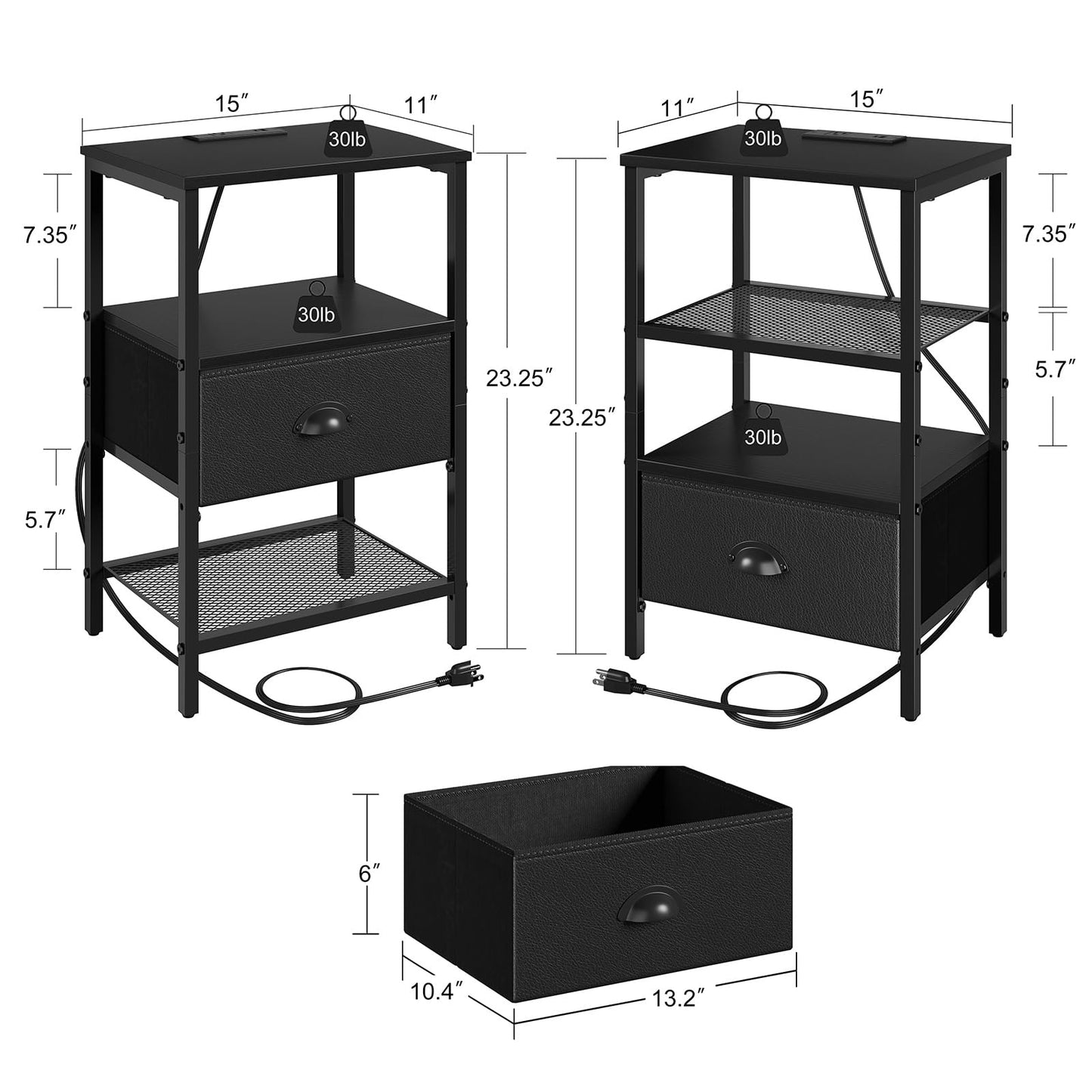 sthmec Nightstands Set of 2, Black Night Stands with Charging Station, Bedside Tables with Fabric Drawers PU Finish, 2-Tier Side Table with Open Shelf, Nightstands with Drawer,Black