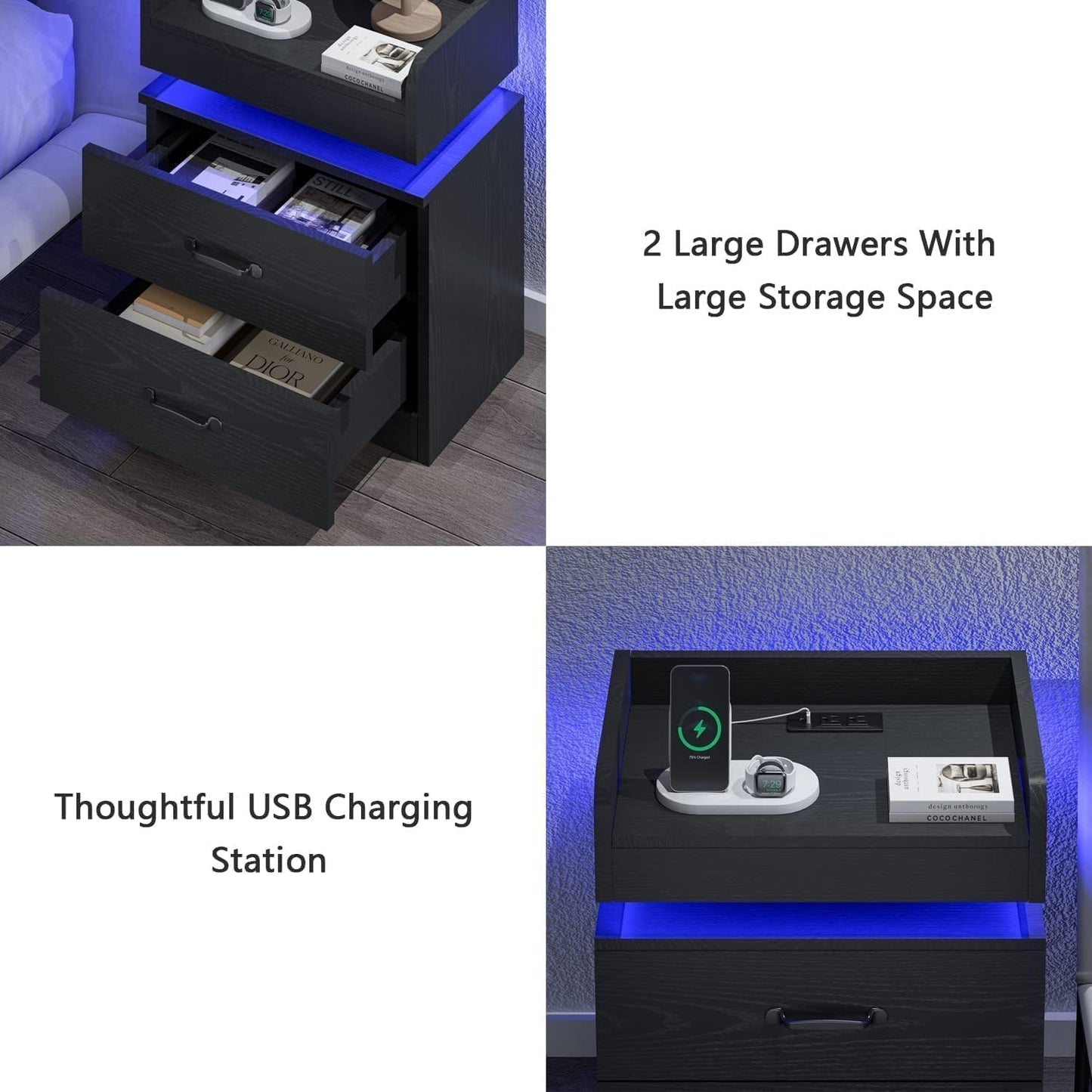 Nightstand with Charging Station, Night Stand with LED Lights, Modern Led End Table, Nightstands Set of 2, Night Stand with 2 Drawers, Bed Side Table with Storage for Living Room, Bedroom (2, Black)