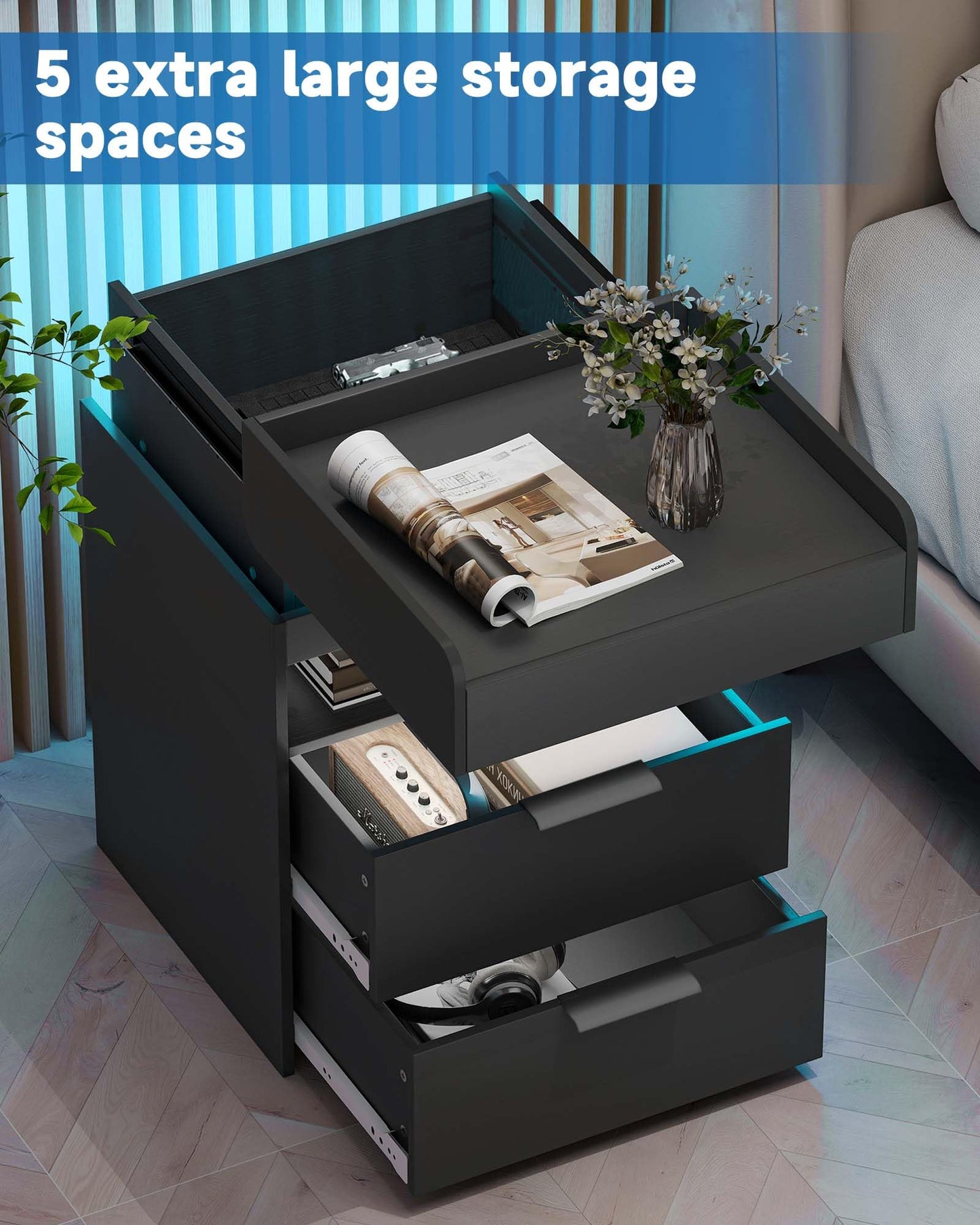 Nightstand with Gun Drawer, Charging Night Stand with USB and AC Ports, LED Nightstand, NightStands with Gun Drawer, Smart Night Stand with Sliding Top Storage