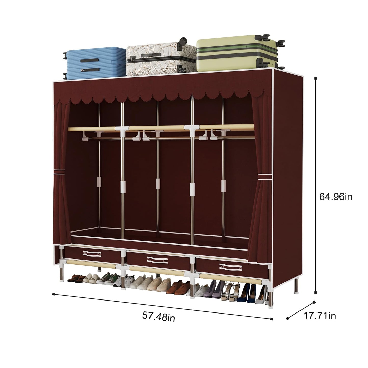LEAIJIAFY Portable Wardrobe, Metal Frame with Crimson Non-Woven Cover, 3 Hanging Rods, 3 Drawers, 3 Lockers,Portable Wardrobe with Drawers, Clothing Storage, Bedroom
