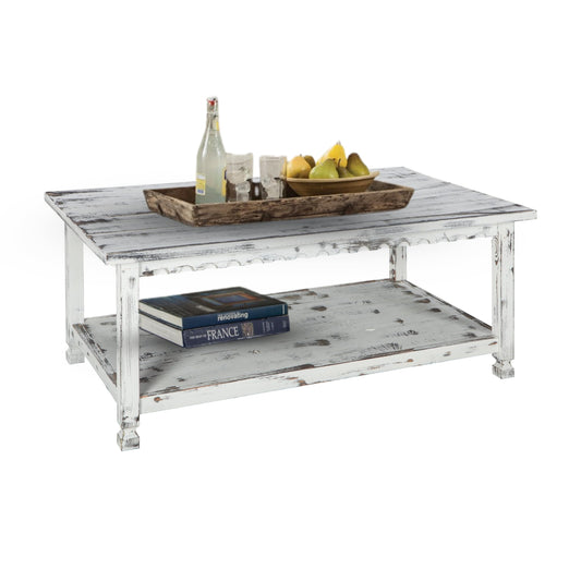 Country Cottage 42-Inch Farmhouse Coffee Table with Storage Shelf and White Antique Finish for Living Room or Family Room by Alaterre Furniture
