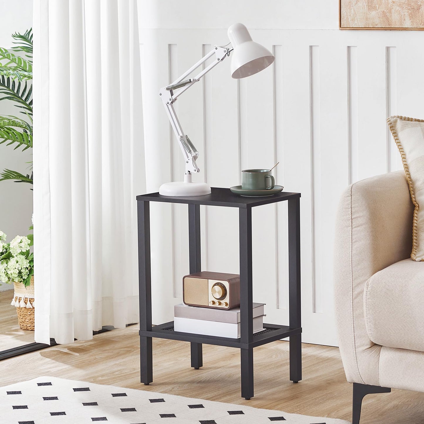 HOOBRO End Tables Set of 2, Small Side Tables with 2-Tier Storage Shelves, Nightstands with Faux Rattan Decoration, for Small Space, Living Room, Bedroom, Black BK91BZP201