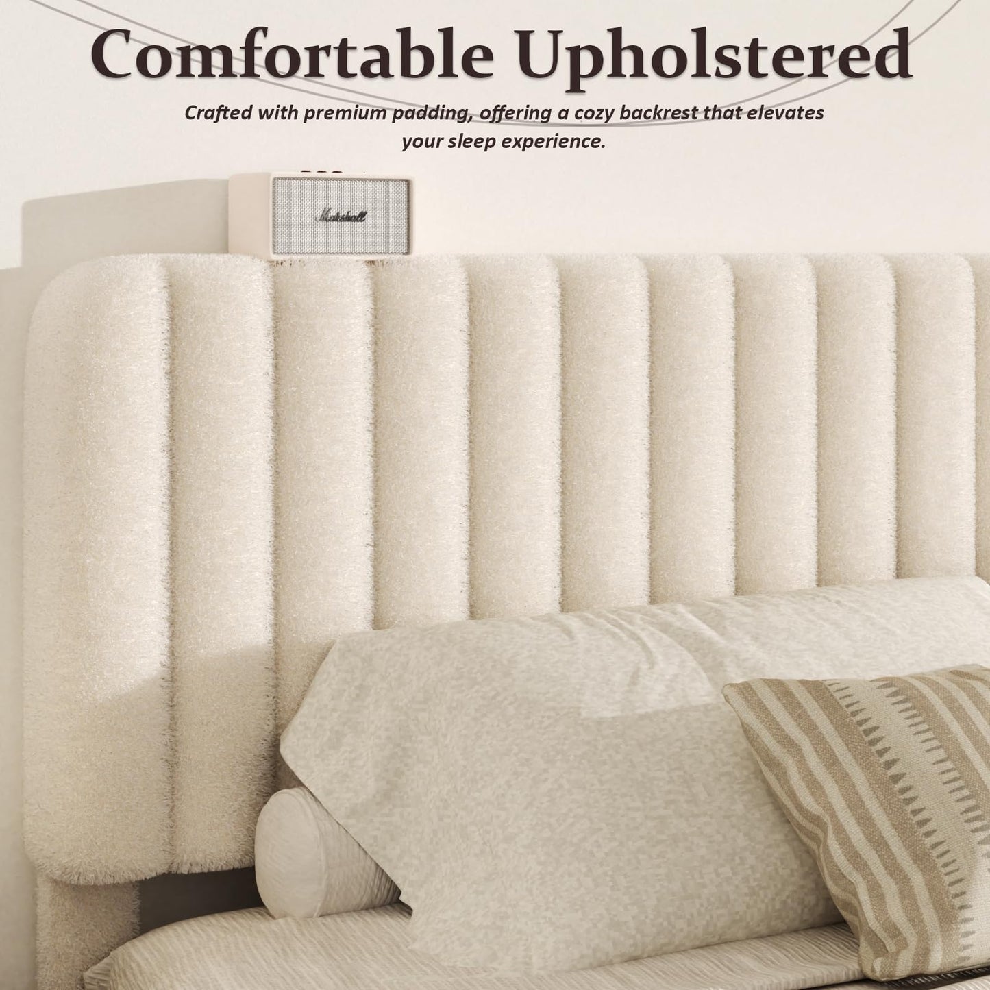 Konprosp Queen Boucle Bed Frame, Upholstered Cloud Platform Bed Frame with Adjustable Headboard, Vertical Tufted, Soft Rounded Corners, Beige