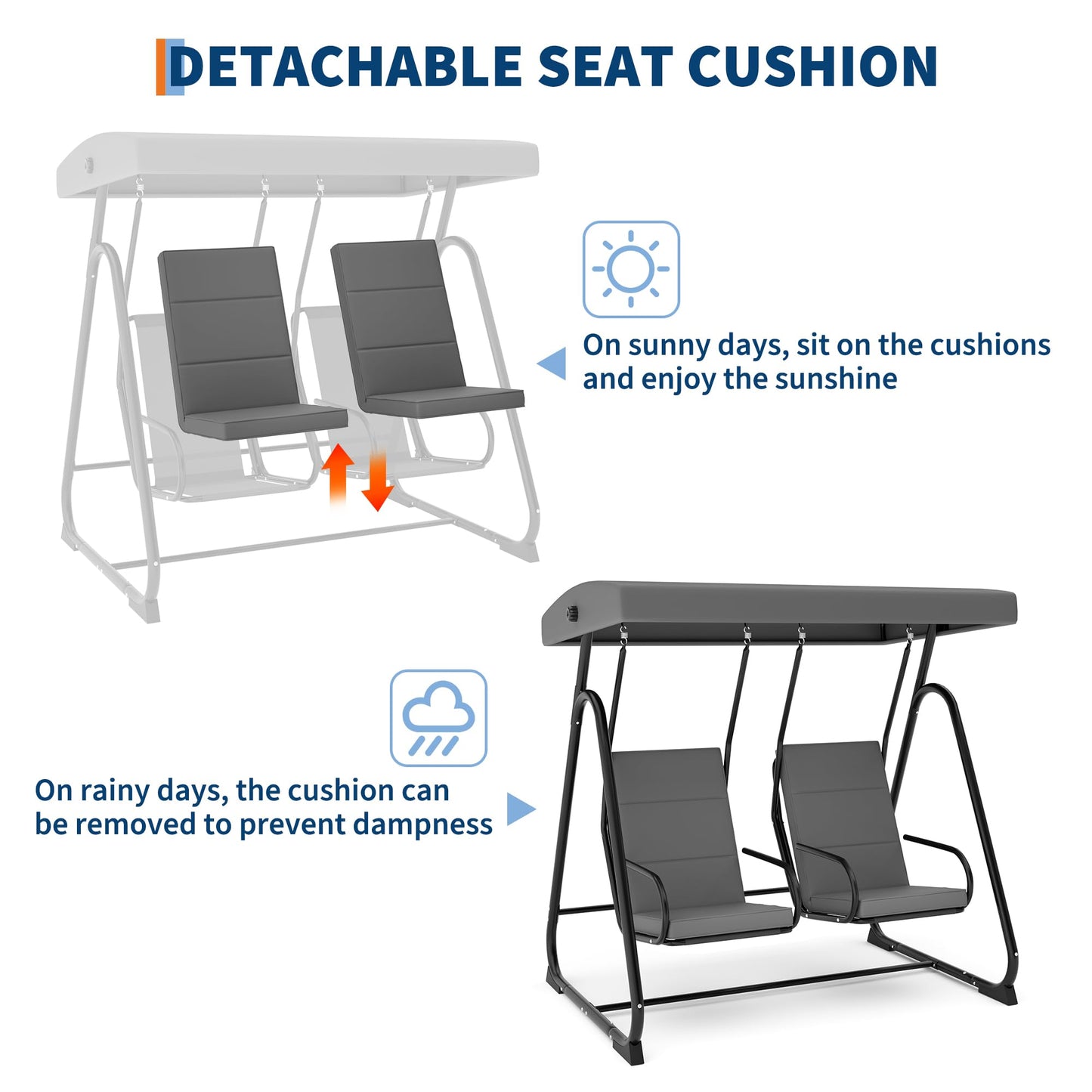 GarveeLife 2 Person Porch Swing Chair, Heavy Duty Outdoor Patio Swing Glider with Adjustable Canopy & Removable Cushions, Independent Swing Chairs for Garden, Balcony, Poolside, Backyard, Dark Grey