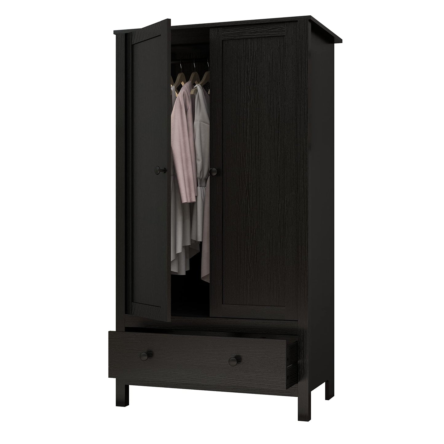 Panana Modern Wooden 2 Doors Wardrobe Double Wardrobe with 1 Storage Drawer Armoires Clothing Storage Cabinet for Bedroom (Black)