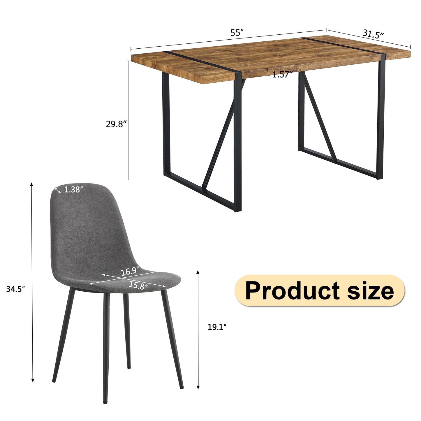 Ganooly Rustic 5 Piece Dining Room Table Set for 4 People, Mid Century Modern 55 Inch Rectangle Wood Kitchen Dining Table with 4 Fabric Chairs Set, Suitable for Kitchen Dining Room