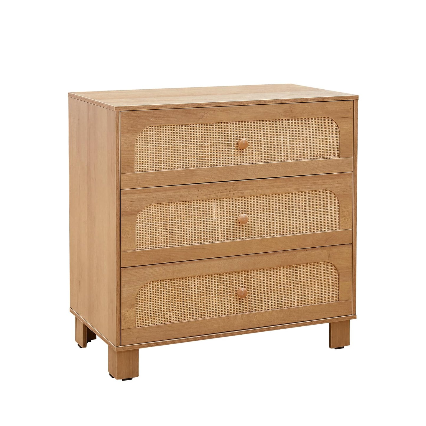 GANLLY 3 Drawer Dresser for Bedroom, Rattan Modern Closet Dressers Chest of Drawers, Wood Oak Storage Chest for Kids Bedroom, Hallway, Living Room