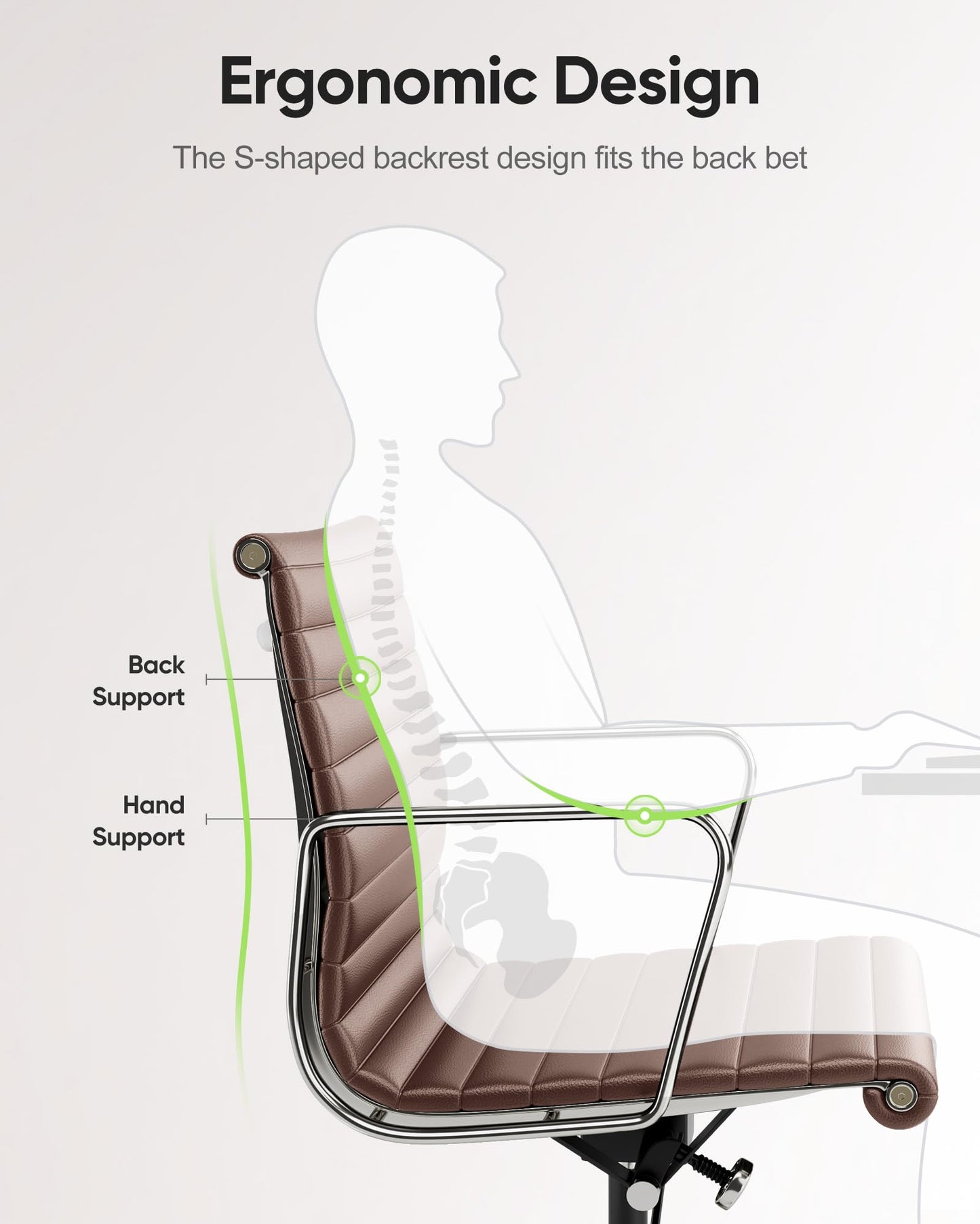 OTDMEL Ribbed Office Chair with Genuine Leather Contact Surfaces - Mid Back Ergonomic Desk Chair with Aluminum Arm Rest and 5-Star Base, Faux Leather Accents & Back Side, Swivel Chair Brown