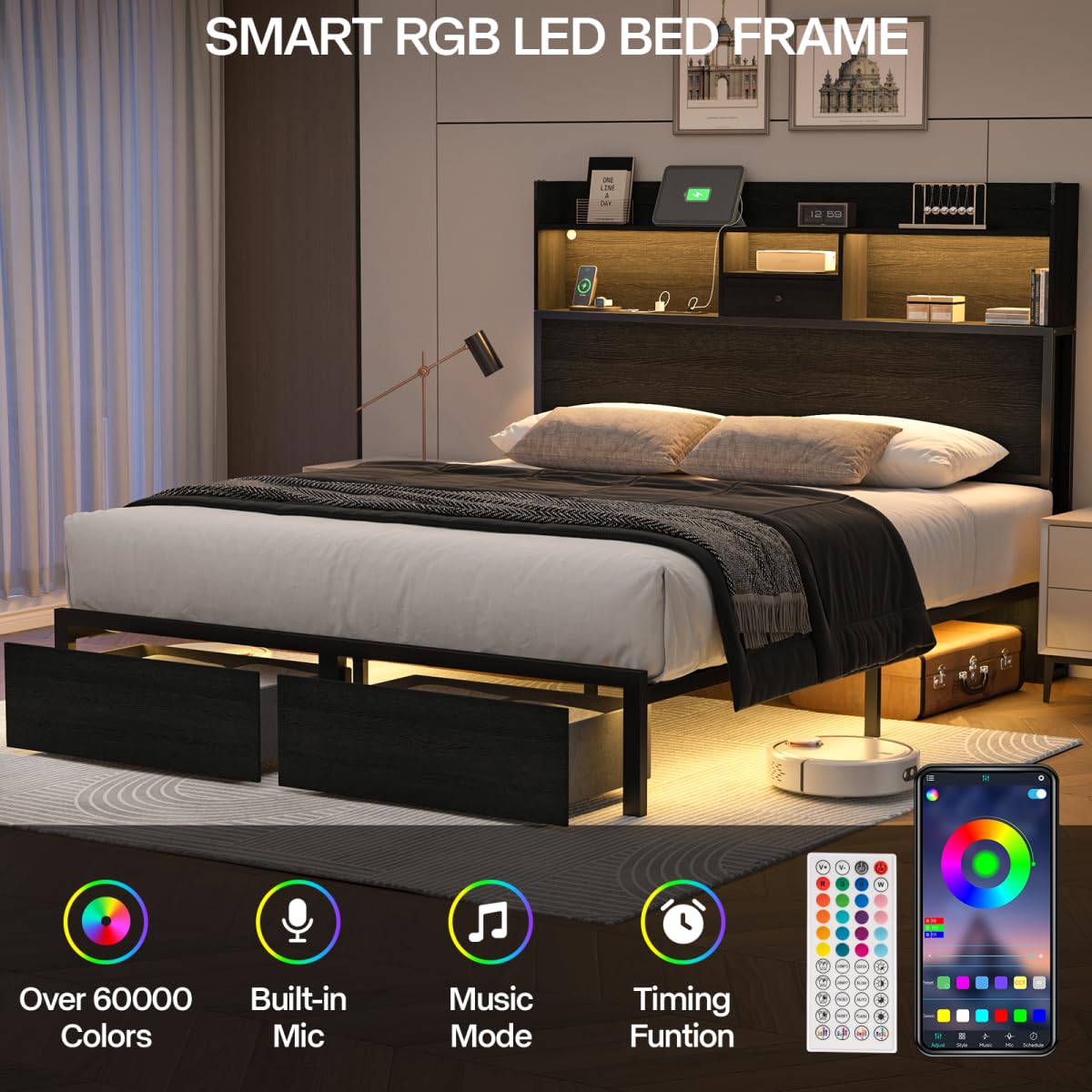 Siihnon Queen Bed Frame with Tall Headboard and LED Lights, 51.2" Bookcase Black Bed Frame Queen Size with Storage Drawers and Charging Station, Platform Metal Bed Frames, No Box Spring Needed, Black