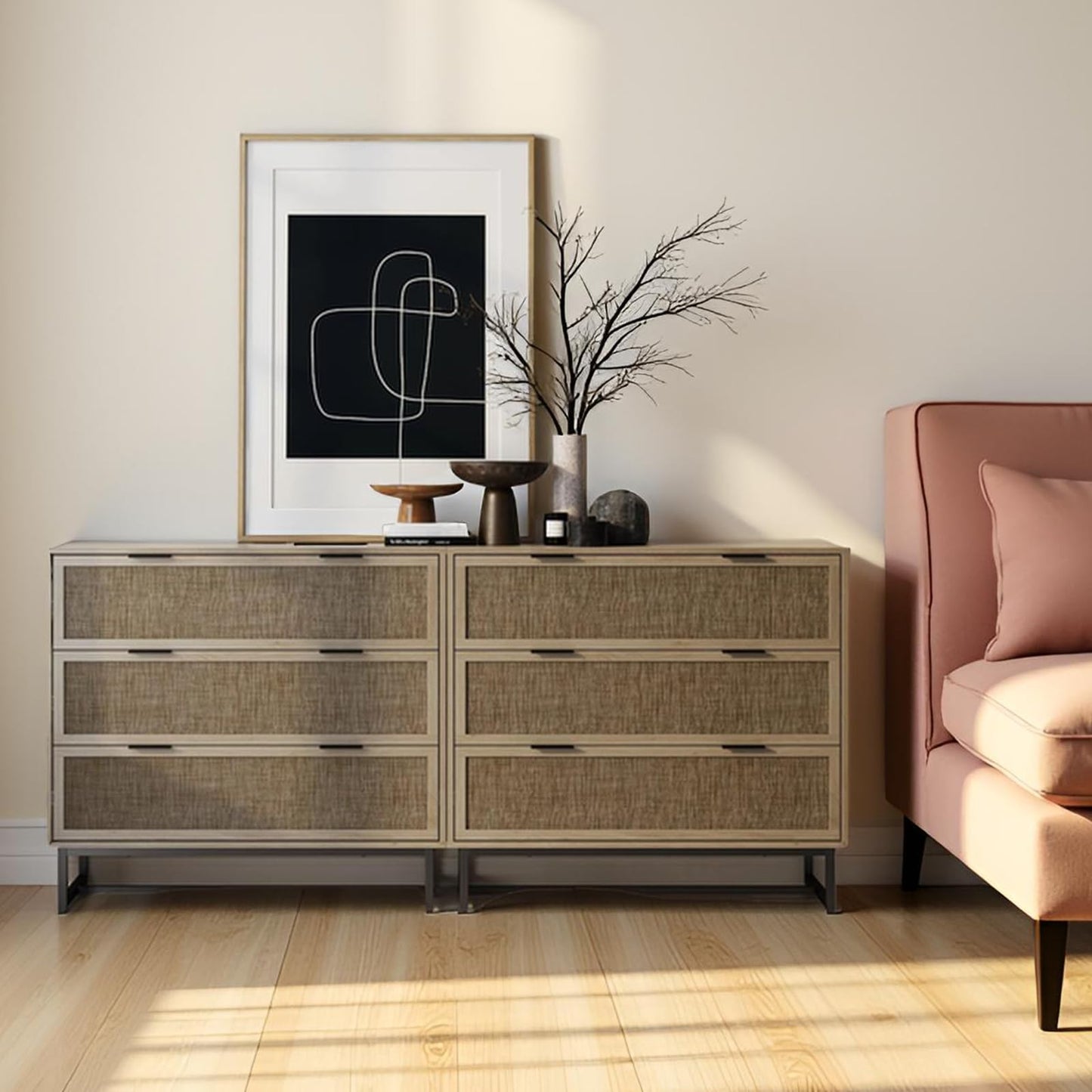 SOLACE FURNITURE Rattan Dresser for Bedroom with 3 Drawer, 37.2" Wide Dresser with Metal Handles, Wood Storage Chest of Drawers for Living Room and Hallway, Natural Oak