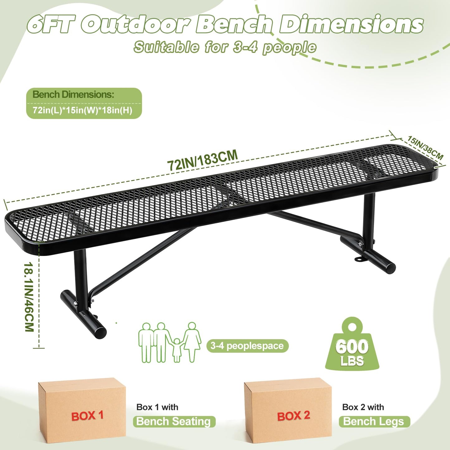 Heavy Duty Outdoor Metal Garden Park Bench, Steel Picnic Bench, Metal Mesh Outdoor Bench Porch Chair for Garden, Lawn, Patio, Porch, Park, Yard, Patio (Black, 6FT)