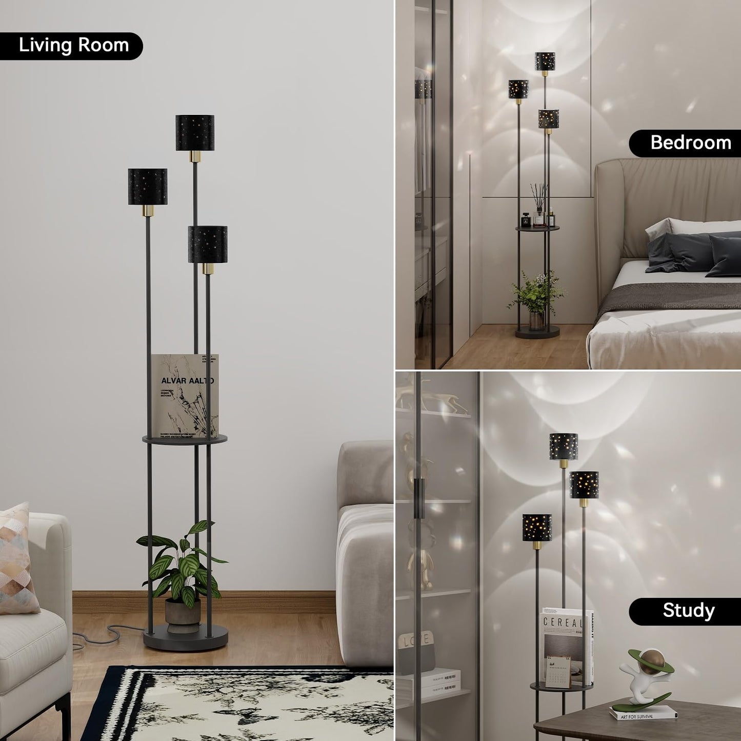 Modern Black Floor Lamp with 3 Lights Standing Shelves for Living Room and Bedroom Tall Standard