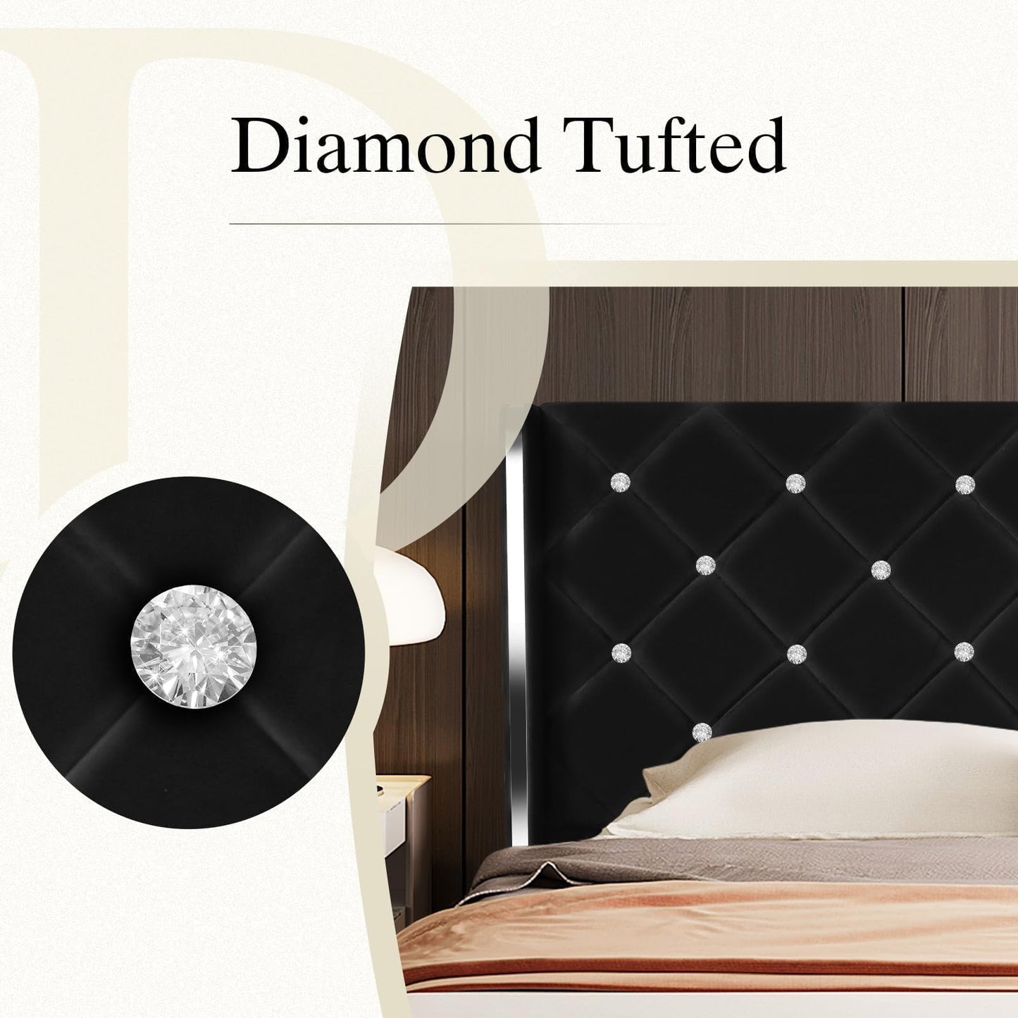 HOMBCK Queen Size Bed Frame with Headboard, Velvet Upholstered Bed Frame Queen with Wingback and Diamond Headboard, Wood Slat Support, No Box Spring Needed, Black