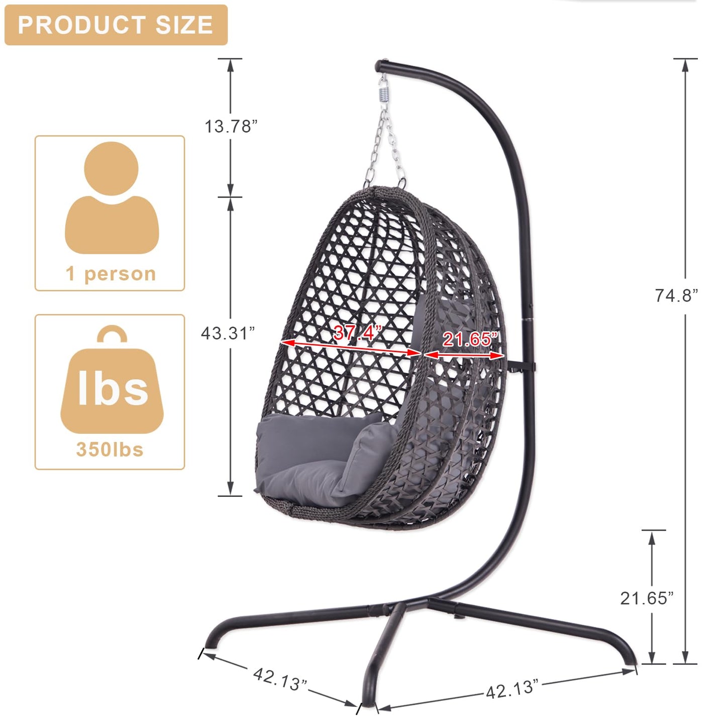 Indoor Hanging Chair with Stand for Bedroom, Hexagon Rattan Wicker Swing Egg Chair for Bedroom Porch Garden Patio Outdoor, Hammock Egg Swing Chair with Cushion,350LBS Capacity(Dark Grey)