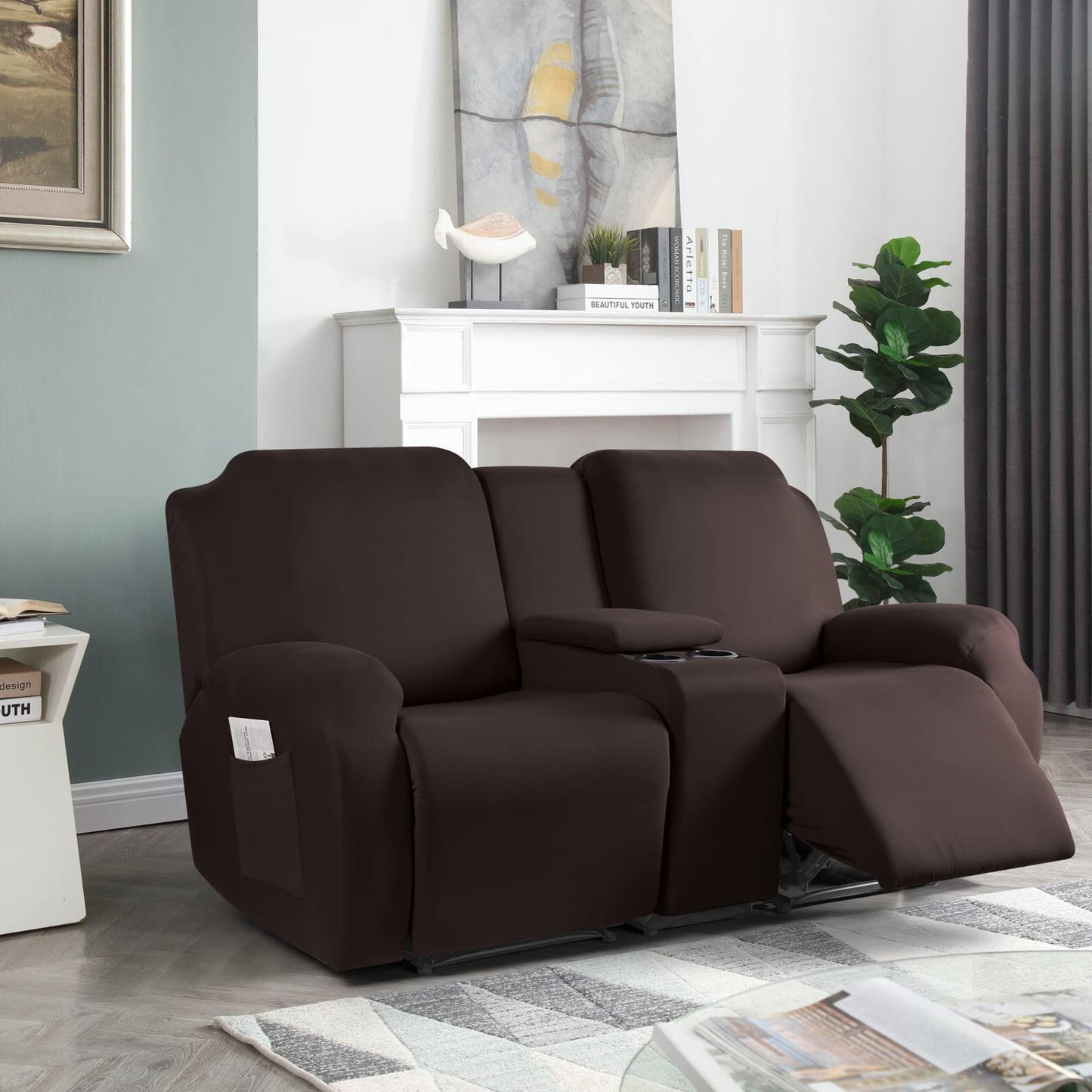 TAOCOCO Reclining Loveseat with Middle Console Slipcover, 4 Piece Polyester Fabric Stretch Loveseat Reclining Sofa Covers (Coffee, 2 Seat Recliner Cover with Console)