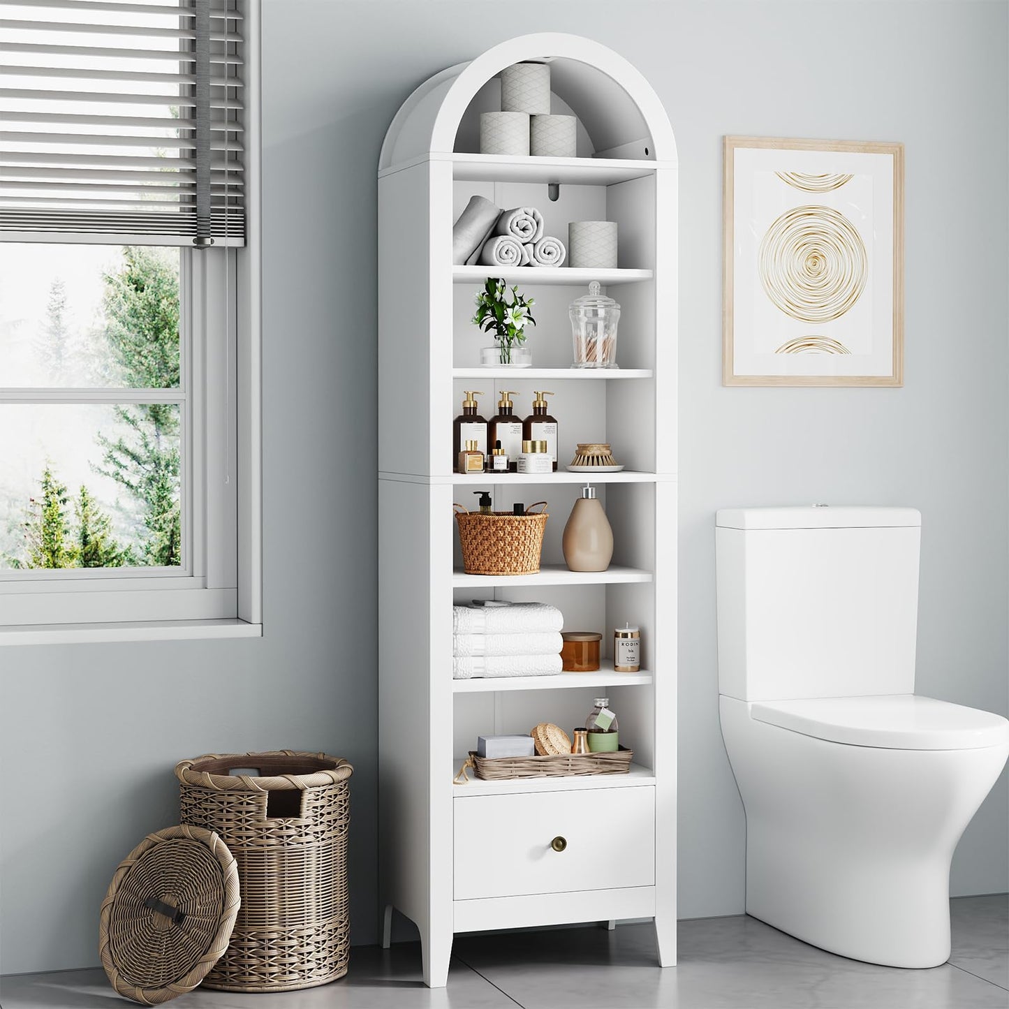 Seeday 71" Tall Narrow Arched Bookshelf, 8-Tier White Arched Bookcase with Adjustable Shelves & Drawer, Modern Open Book Shelf for Living Room, Bathroom, Kitchen, White