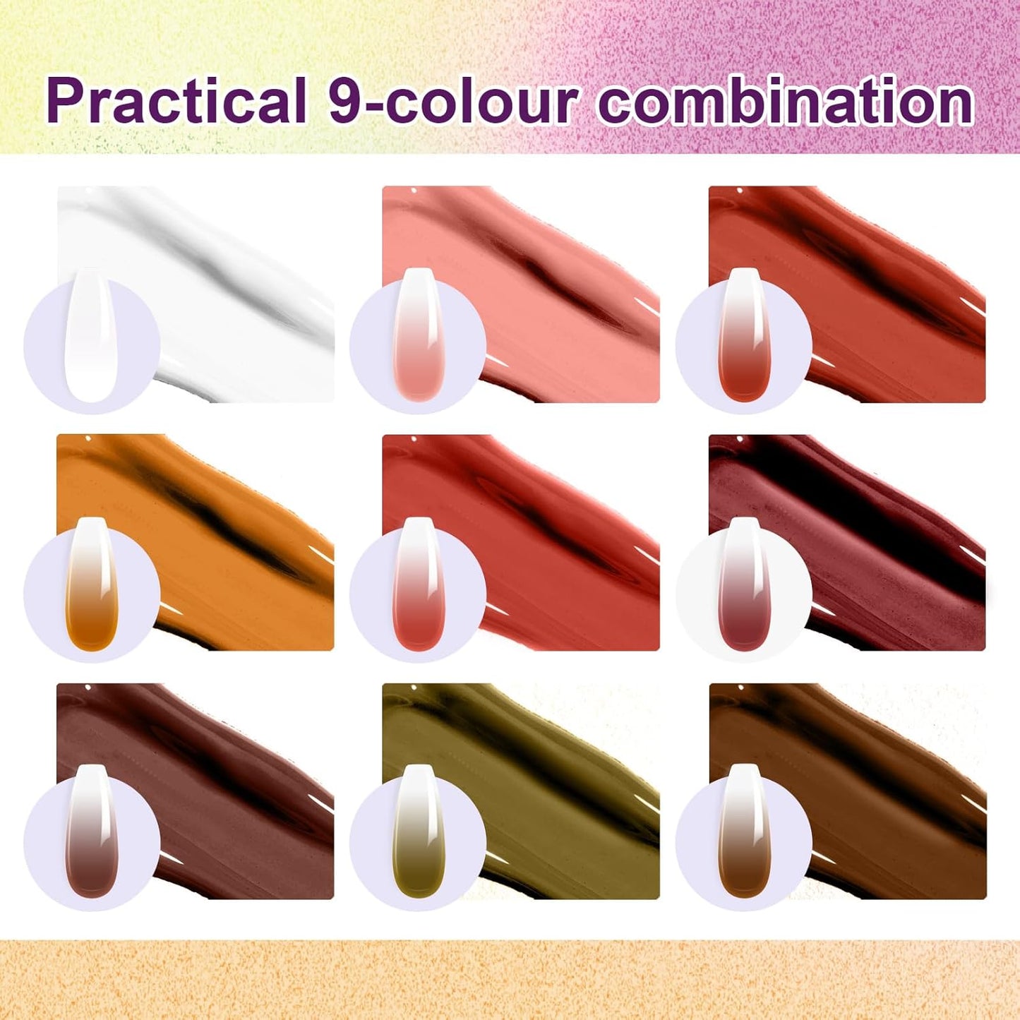 Gradient Painting Gel, 9 Colors Ombre Gel Nail Polish Dark Beown Green for Pigment Pat Aura Nails, French Manicure DIY Nail Art Long Lasting Soak od UV Home Salon Palette Ancient City