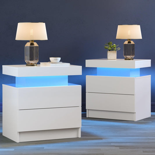 Cubehom Bedroom Night Stands White Nightstand Set of 2 LED Night Stand for Bedroom White Modern LED Bedside Table with 2 Drawers End Side Table