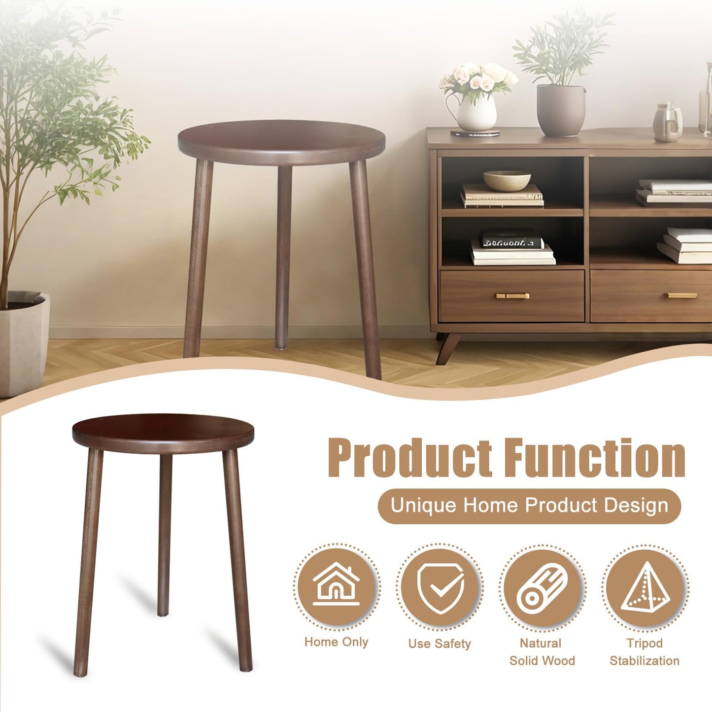 Buzleer Walnut Side Table, Round End Table, Solid Rubberwood Small Accent Table, Drink Table with 3 Legs for Living Room, Bedroom, Balcony, and Small Spaces