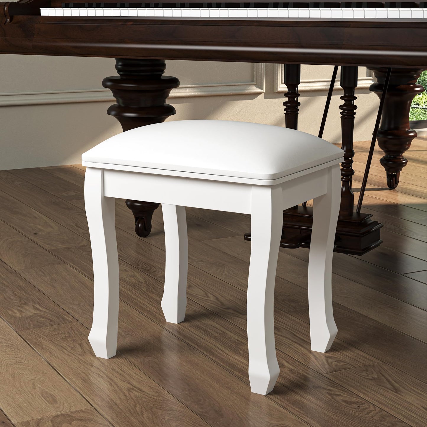 Organizedlife Square Vanity Stool Chair, High Elastic Cotton Makeup Bench, Modern Padded Piano Stool Seat for Makeup Room, Bathroom, Living Room, Ottoman, White (Curved Leg, White)