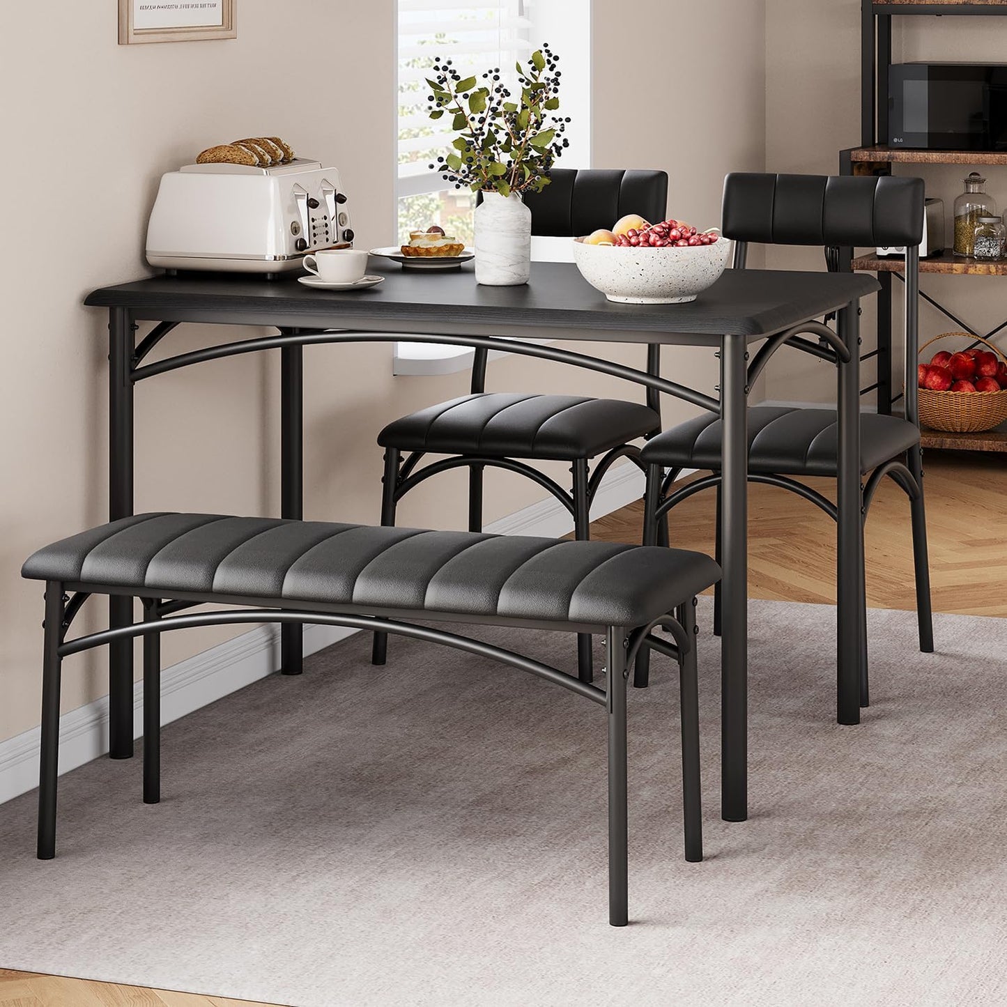 TROPOW Dining Table Set for 4, Kitchen Table and 2 Chairs & 1 Bench with Upholstered, 4 PCS Dining Table Set for Small Space, Apartment Home Kitchen