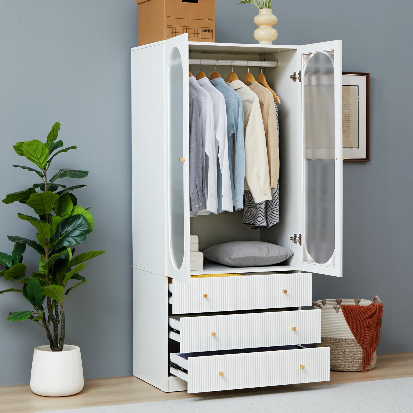YUCHIATH 70" H Armoire Wardrobe Closet with 2 Glass Doors, Modern Wardrobe Closet with 3 Fluted Drawers and Hanging Rail, Armoire Clothing Organizer for Bedroom (White-2) (White-2)