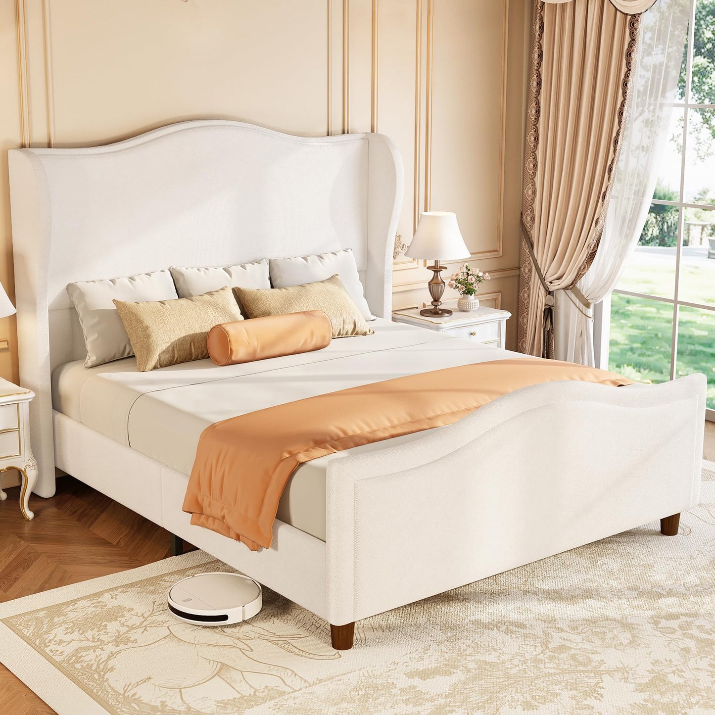 Koorlian King Size Bed Frame Chenille Upholstered Platform Bed with Headboard and Footboard, 51" High Deep Curved Tufted Wingback Upholstered Sleigh Bed Frame No Box Spring Needed/Easy Assembly, Cream