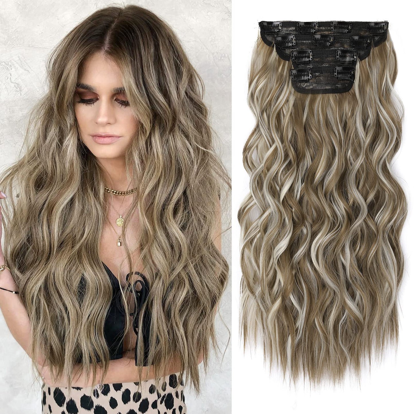 REECHO Hair Extensions, 4PCS Clip in Hair Extensions HE001 Natural Soft Synthetic Hairpieces for Women, Light Brown with Highlights