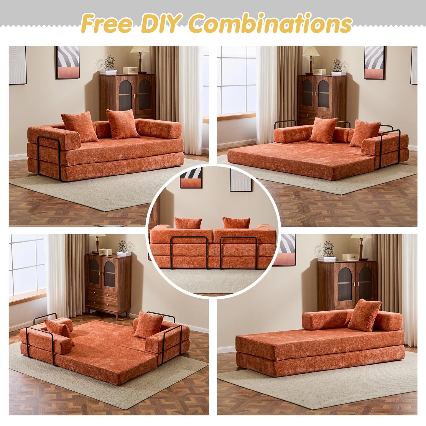 Convertible Folding Sleeper Sofa Bed, Boneless Couch with Fixed-Shape Frame, Compression Foam Sofa, Futon Foldable Mattress, Pull Out Couch Bed for Living Room Bedroom Lounge(Chenille, Orange)